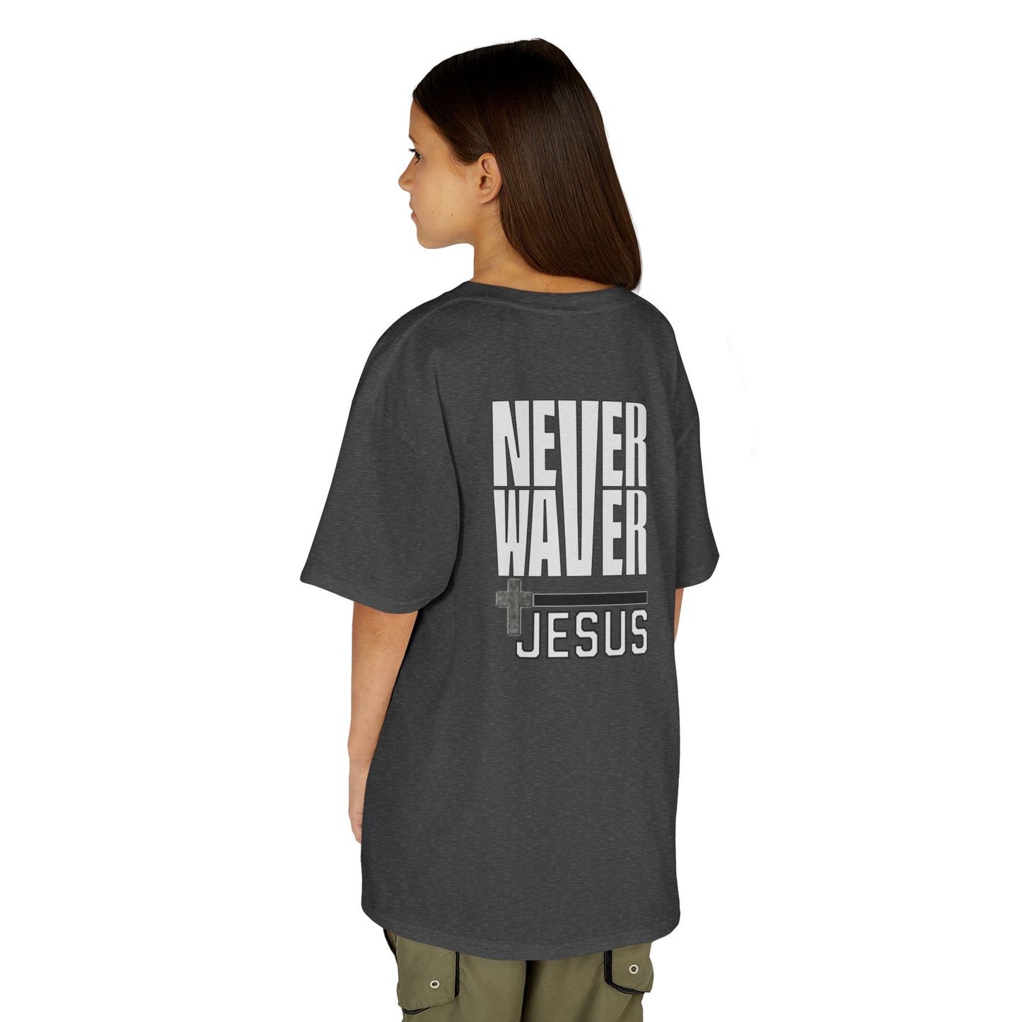 Never Waver” Jesus a bold, eye-catching design that reflects a steadfast faith and confidence in Christ.