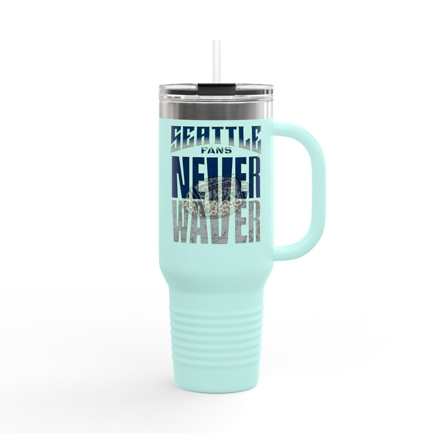Seattle Fans Never Waver w Leopard Football Insulated Mug, 40oz