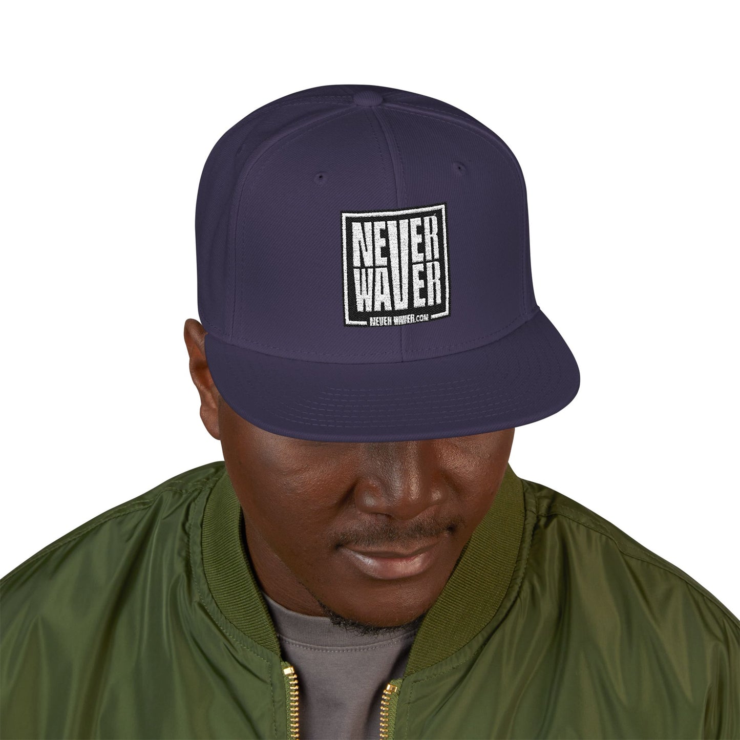 Never Waver Embroidered Square Script Snapback Hat — Bold Monochrome Streetwear