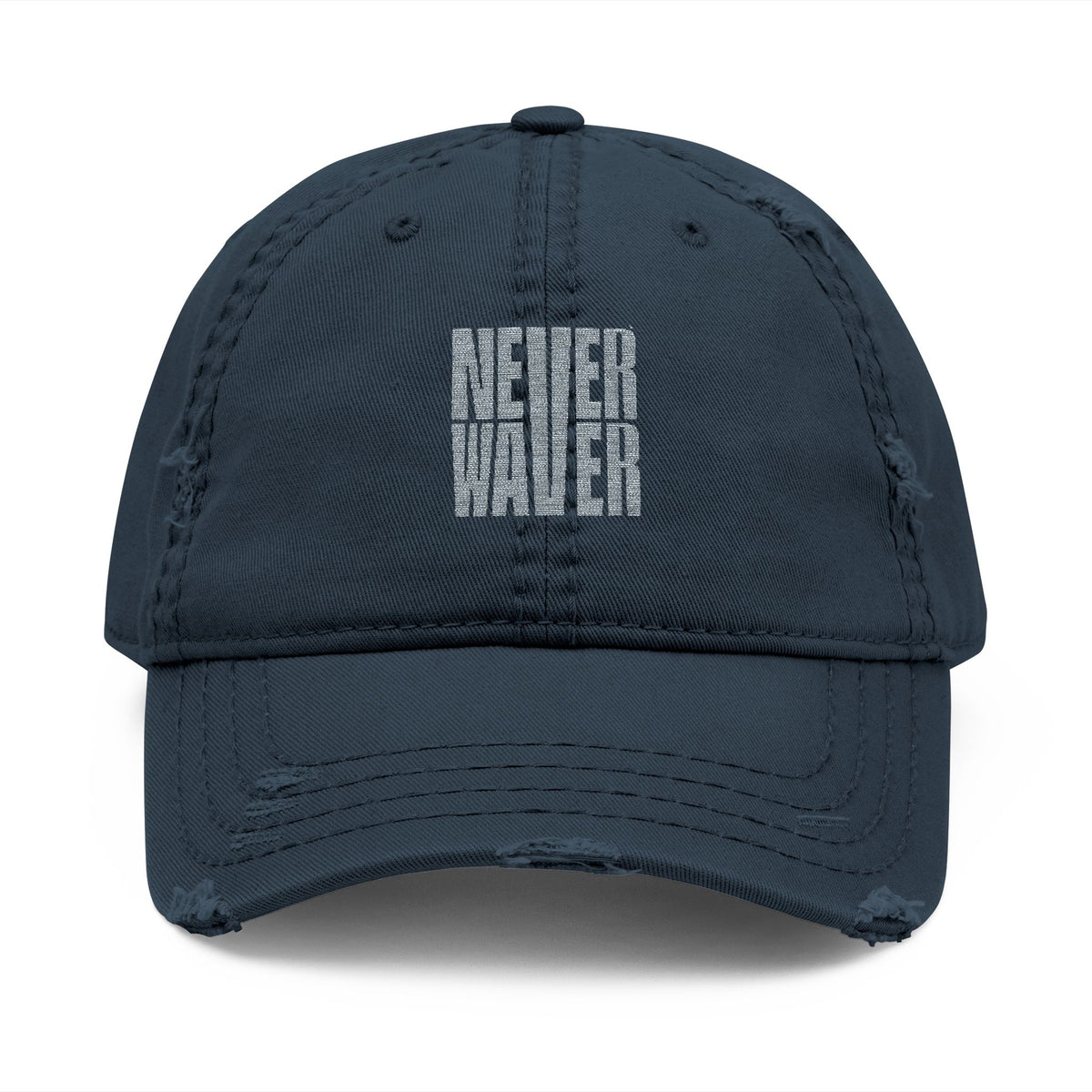 Distressed Dad Hat with 'Never Waver' Embroidery - Casual Style for Everyday Adventures by Printify