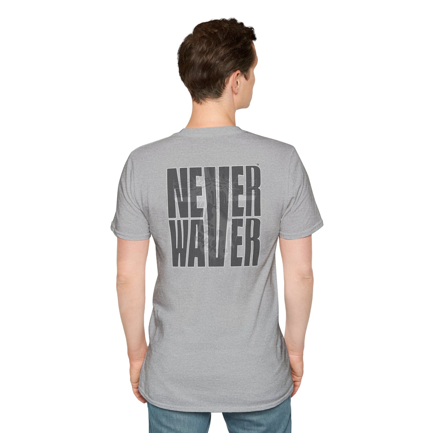 Never Waver” Jesus a bold, eye-catching design that reflects a steadfast faith and confidence in Christ. Unisex Soft style T-Shirt
