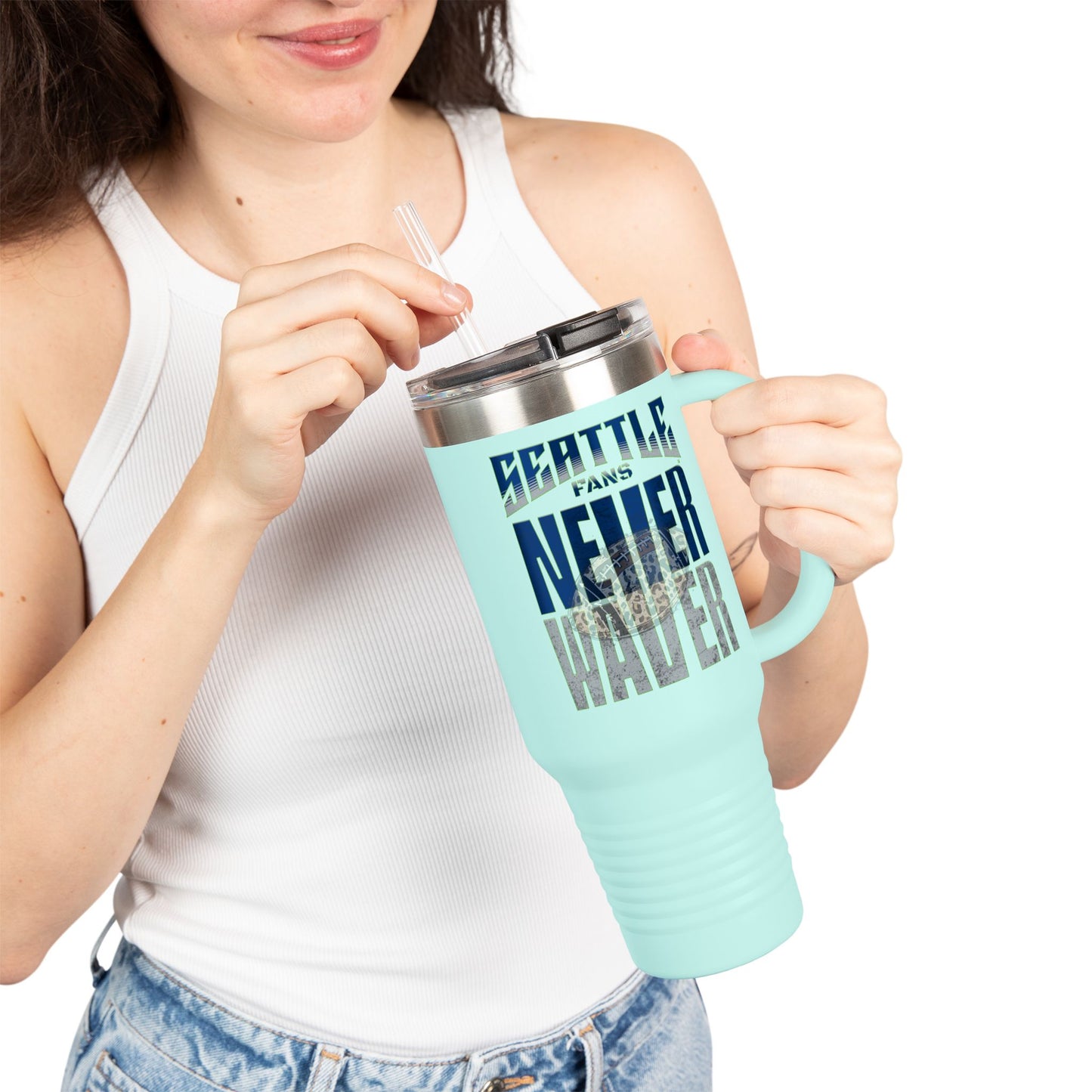 Seattle Fans Never Waver w Leopard Football Insulated Mug, 40oz
