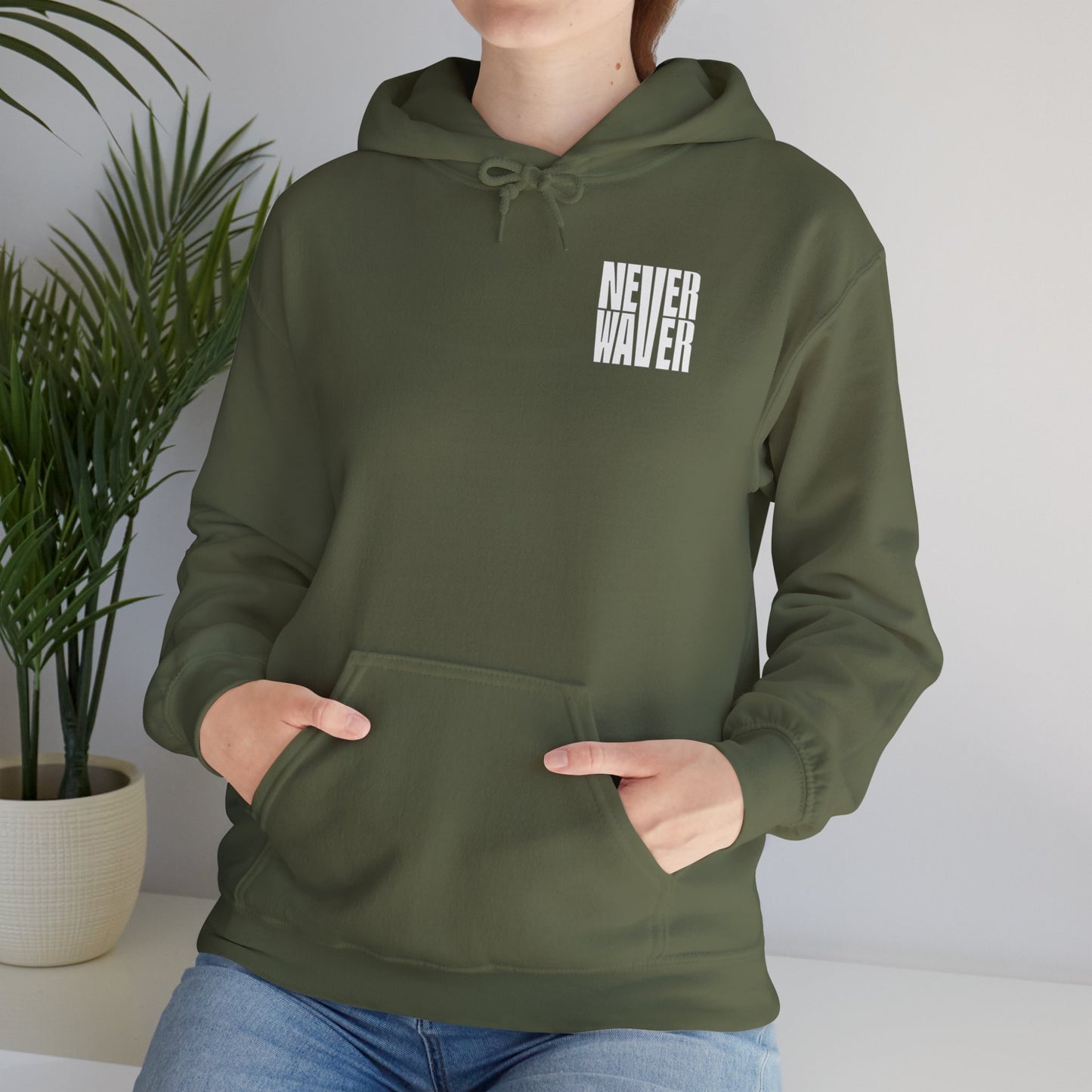 Never Waver” Jesus a bold, eye-catching design that reflects a steadfast faith and confidence in Christ. Hoodie - Unisex Heavy Blend™ Sweatshirt