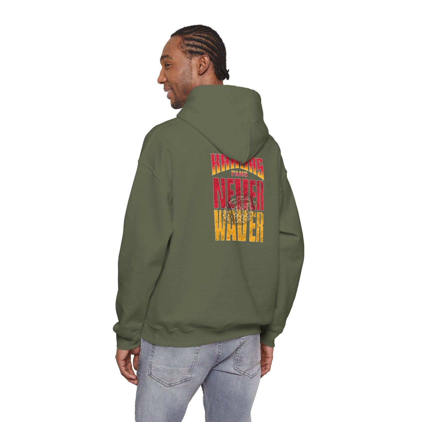 Kansas Fans Never Waver W-Leopard Football Unisex Heavy Blend™ Hooded Sweatshirt