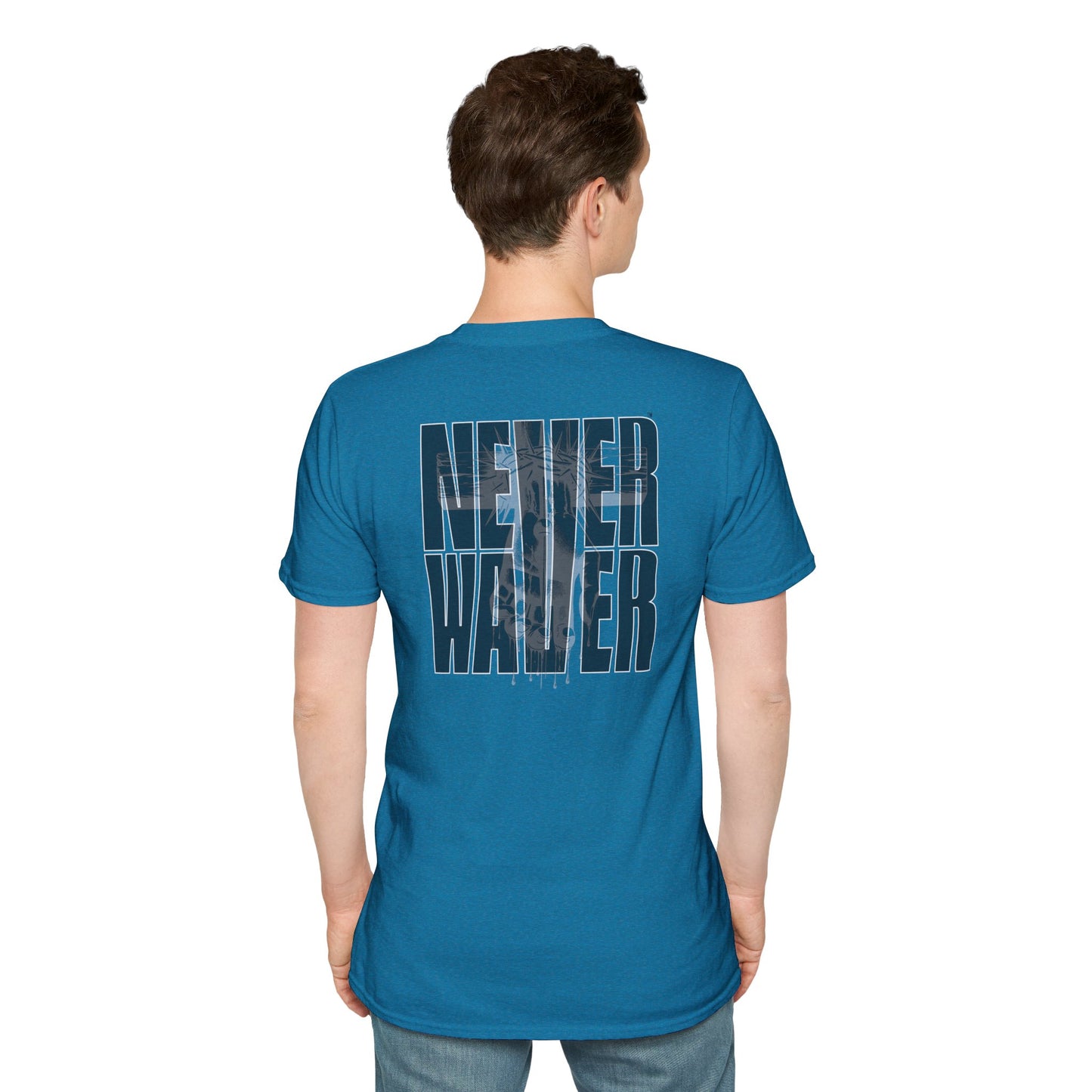 Never Waver” Jesus a bold, eye-catching design that reflects a steadfast faith and confidence in Christ. Unisex Soft style T-Shirt