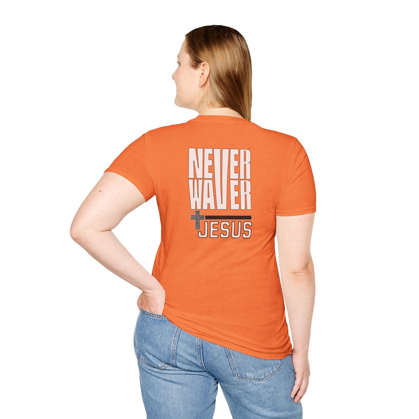 Never Waver” Jesus a bold, eye-catching design that reflects a steadfast faith and confidence in Christ.  Unisex Soft style T-Shirt