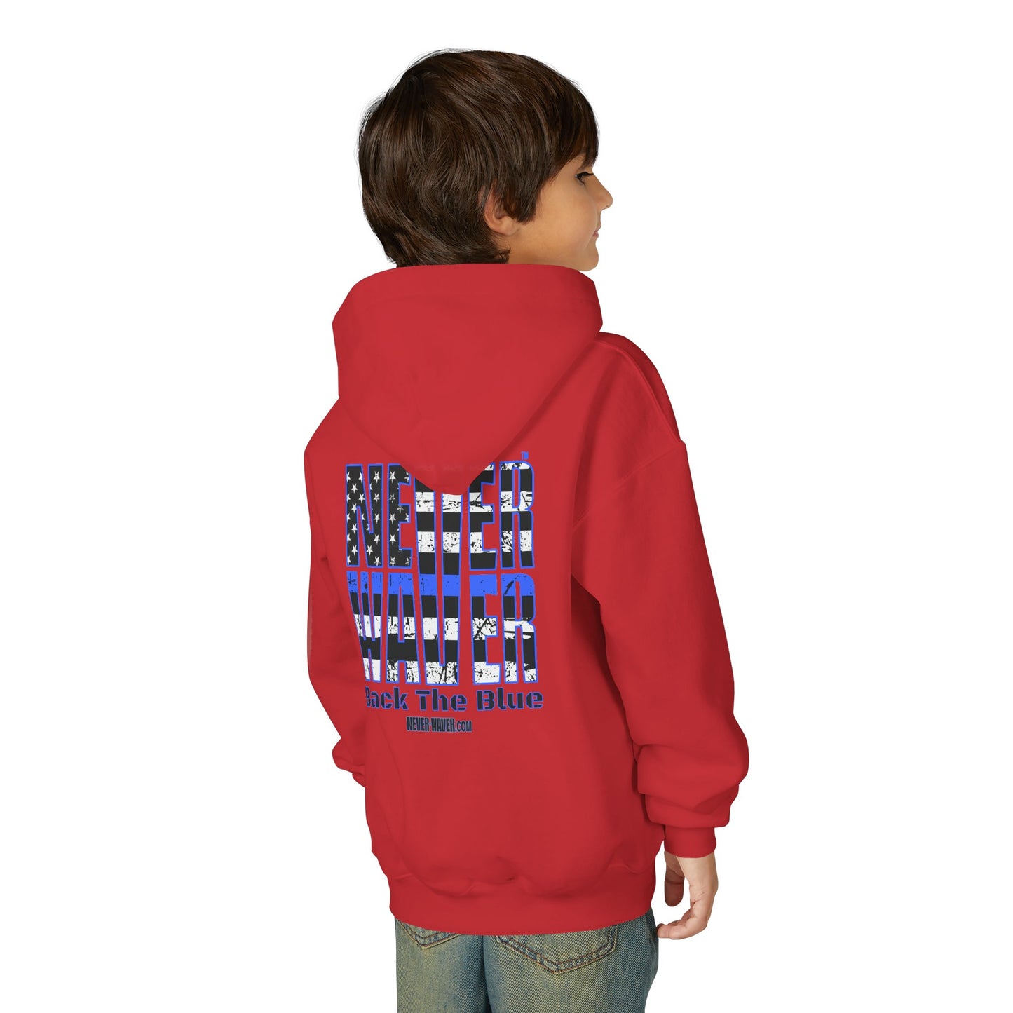 Never Waver Back The Blue  Vintage-Inspired Youth Hoodie with American Flag Design
