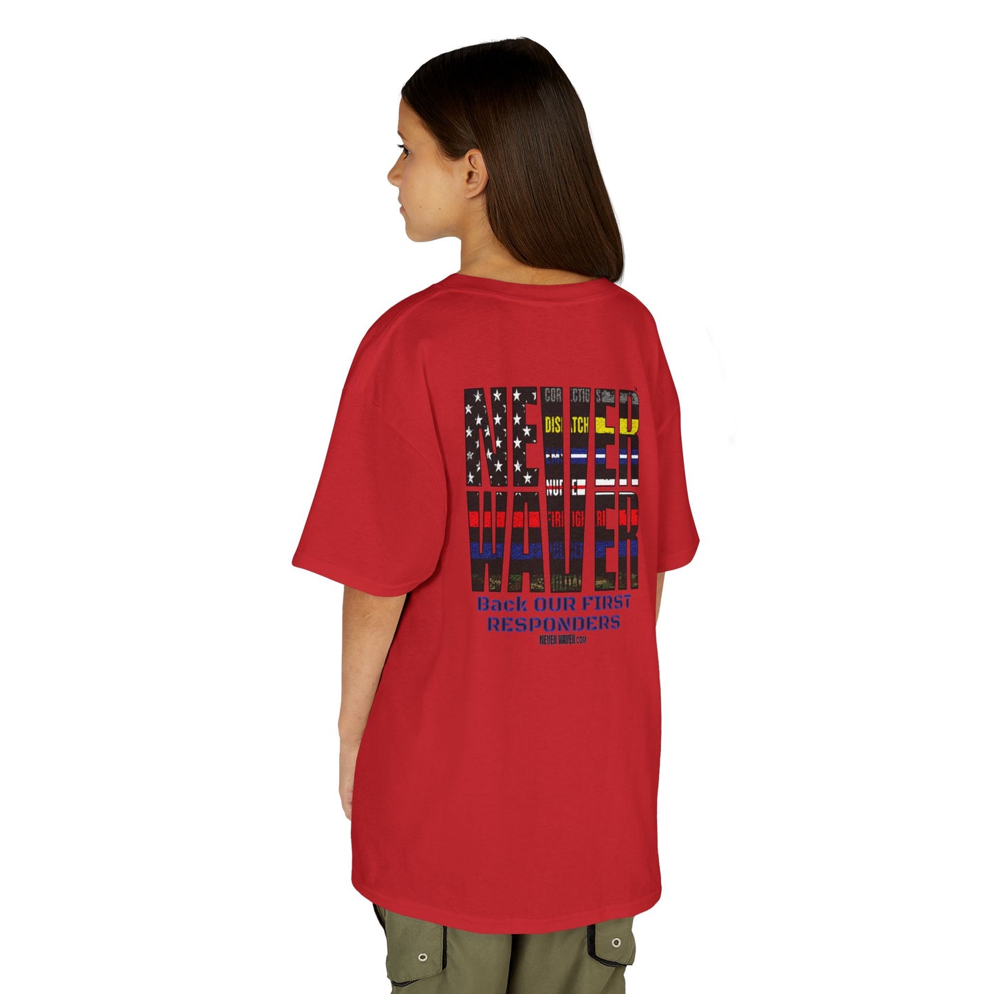 Never Waver Always Back Our First Responders  Kids Heavy Cotton™ Tee