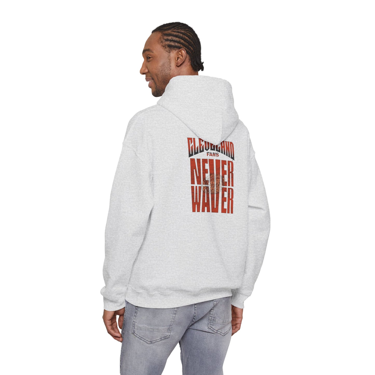Cleveland Fans Never Waver w Leopard Football Unisex Hoodie - Cozy Heavy Blend Sweatshirt for Comfort and Style