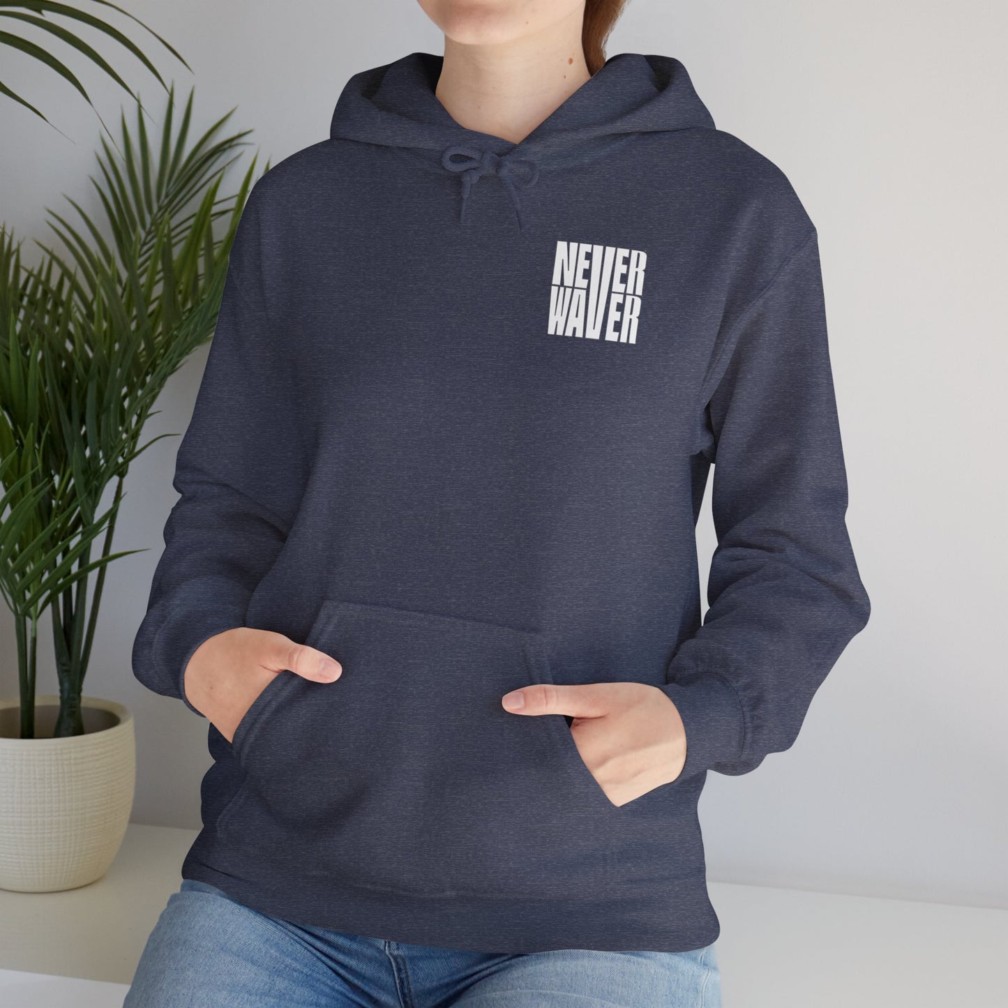 Never Waver” Jesus a bold, eye-catching design that reflects a steadfast faith and confidence in Christ. Hoodie - Unisex Heavy Blend™ Sweatshirt
