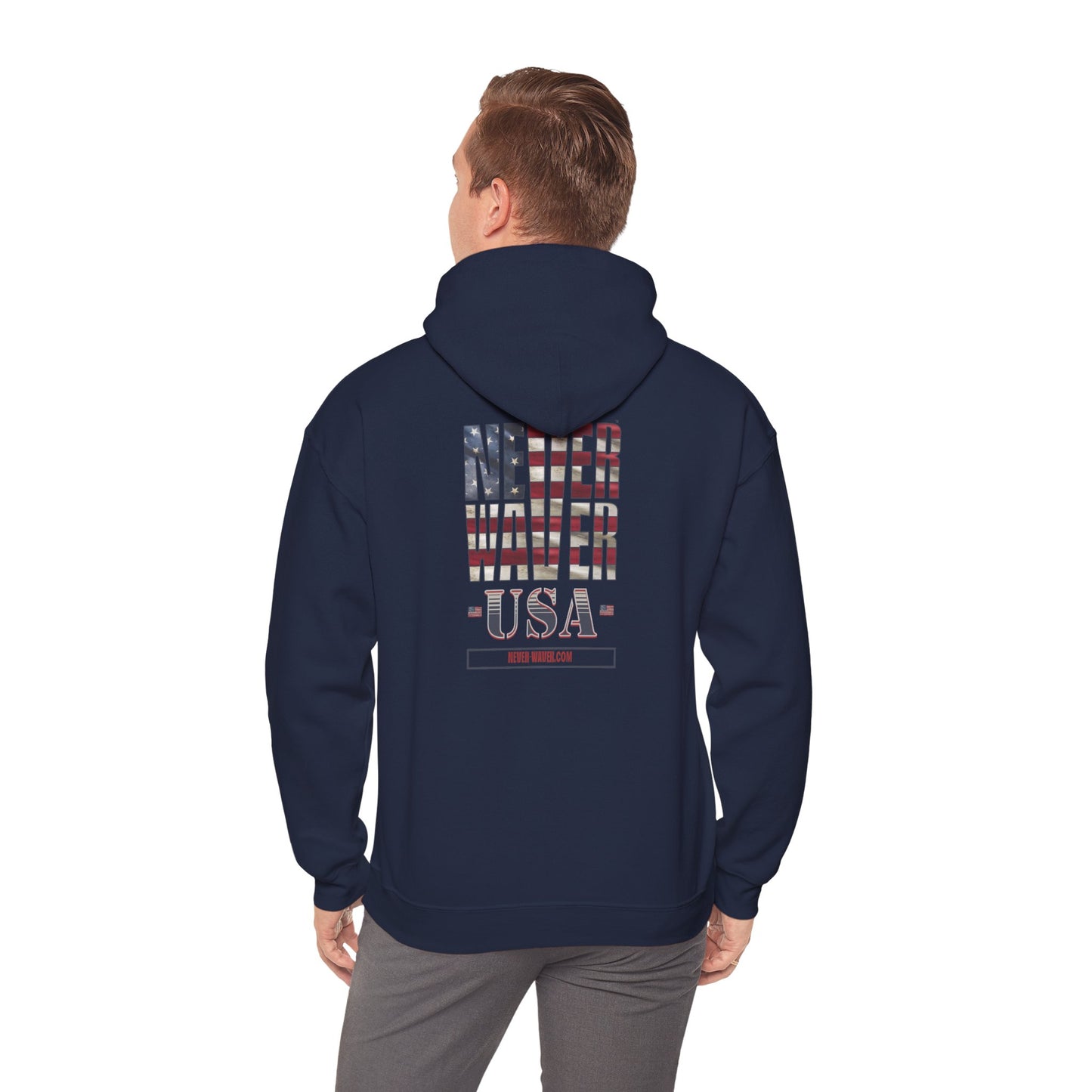 Unisex Heavy Blend™ Hooded Sweatshirt - 'Never Waver' USA Flag Design