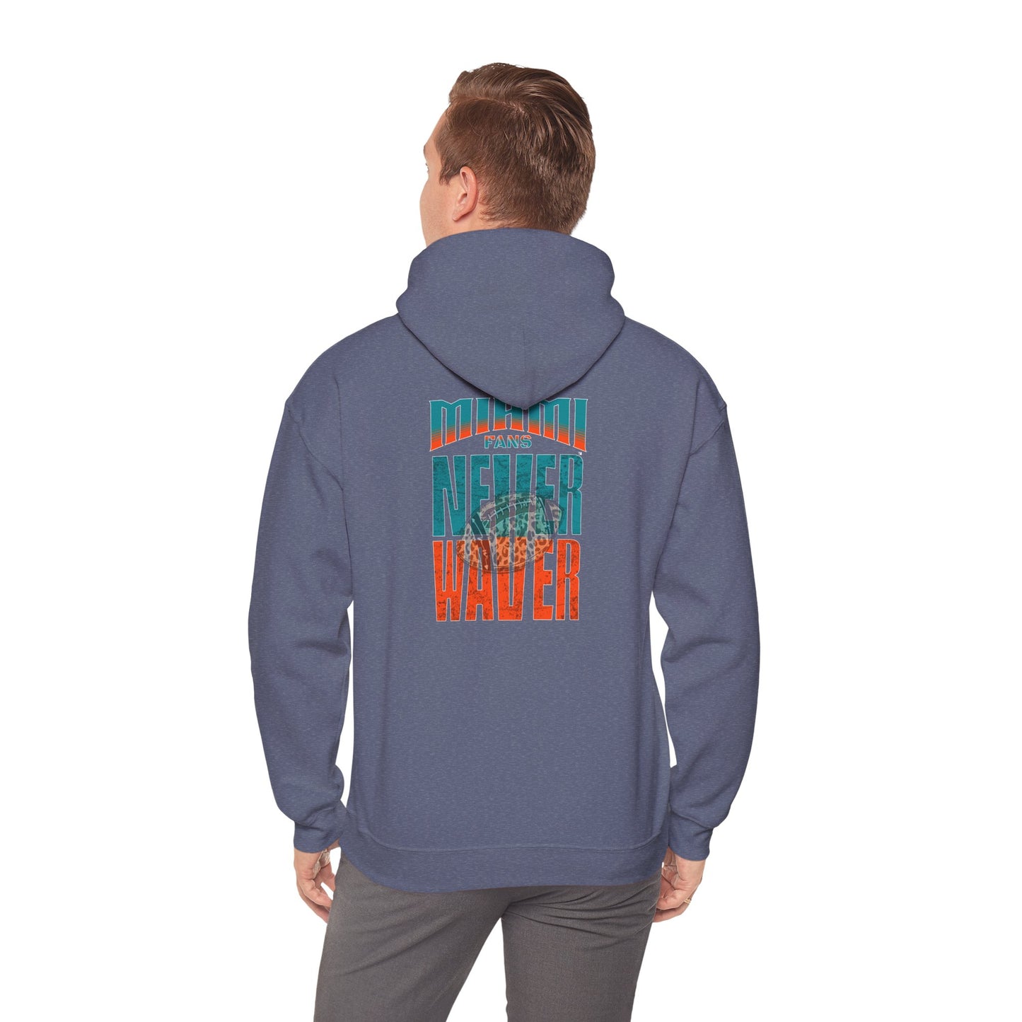 Miami Fans  NEVER WAVER w Leopard Football | Cozy Streetwear for Every Day Unisex Heavy Blend™ Hooded Sweatshirt -