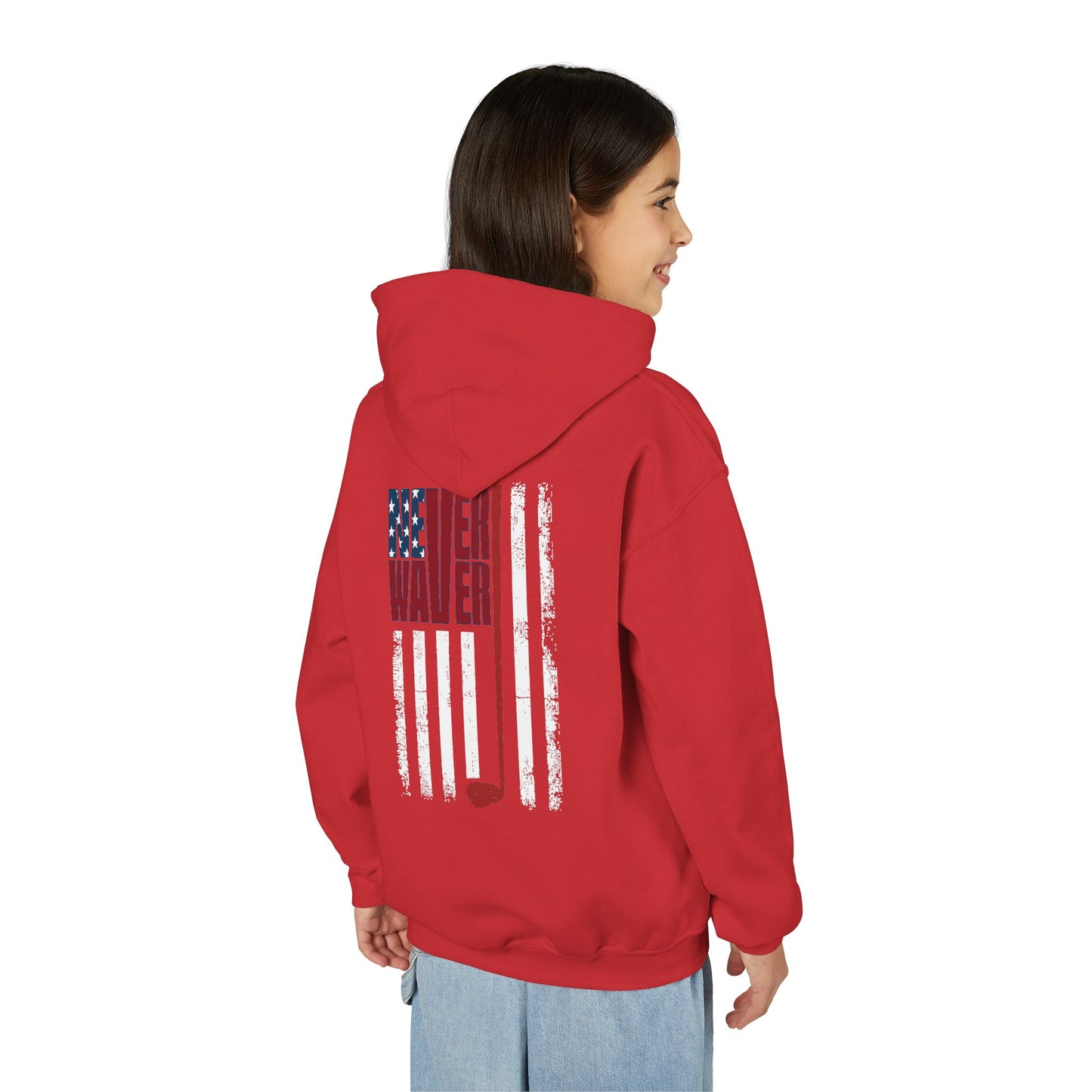"Never Waver Golf American Flag" Hoodie for Young Golfers