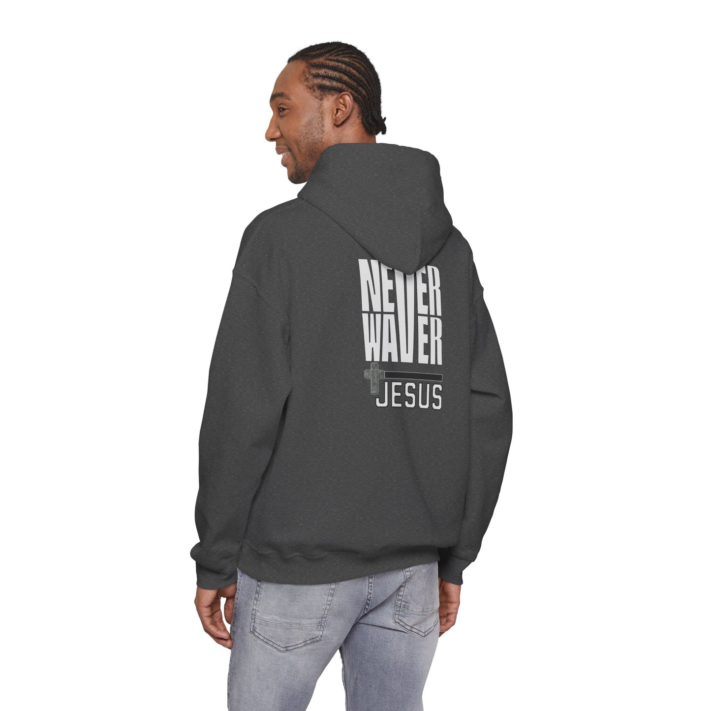 Never Waver” Jesus a bold, eye-catching design that reflects a steadfast faith and confidence in Christ. Hoodie - Unisex Heavy Blend™ Sweatshirt