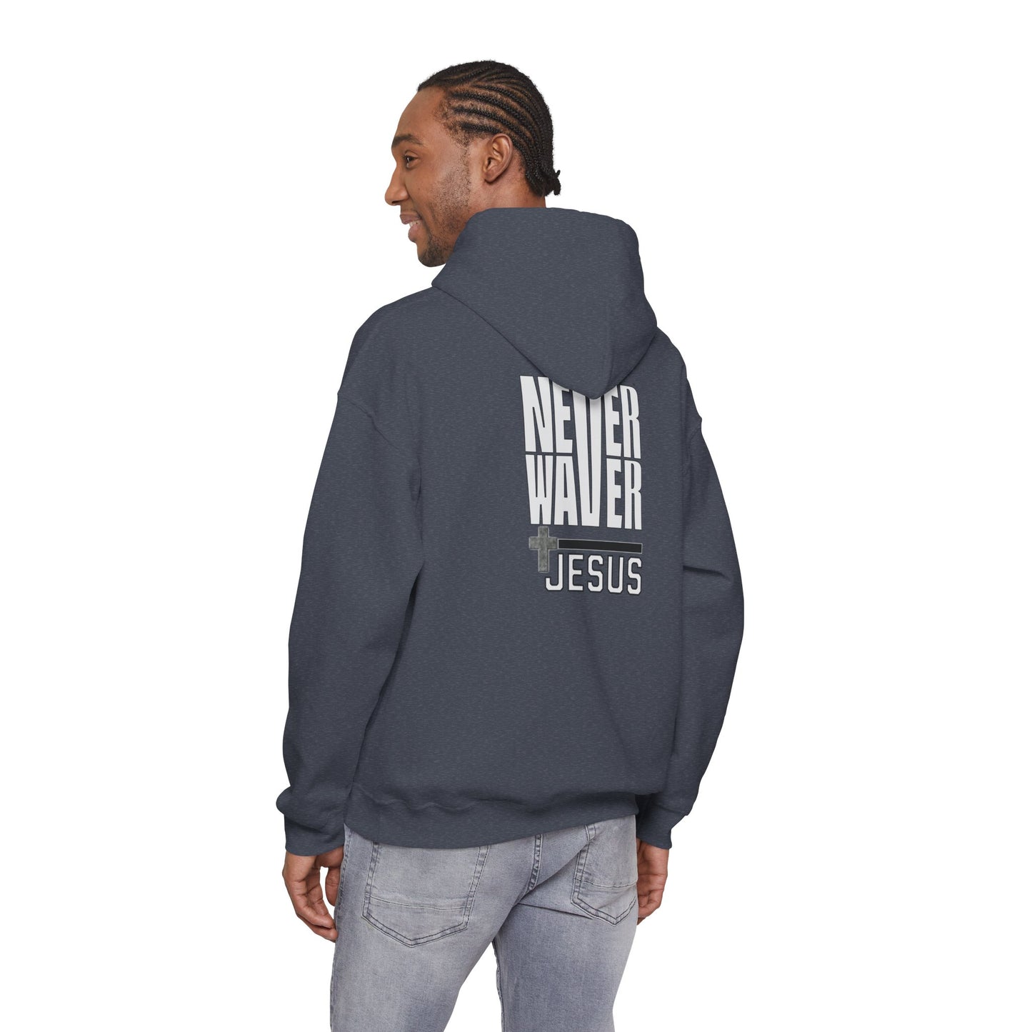 Never Waver” Jesus a bold, eye-catching design that reflects a steadfast faith and confidence in Christ. Hoodie - Unisex Heavy Blend™ Sweatshirt