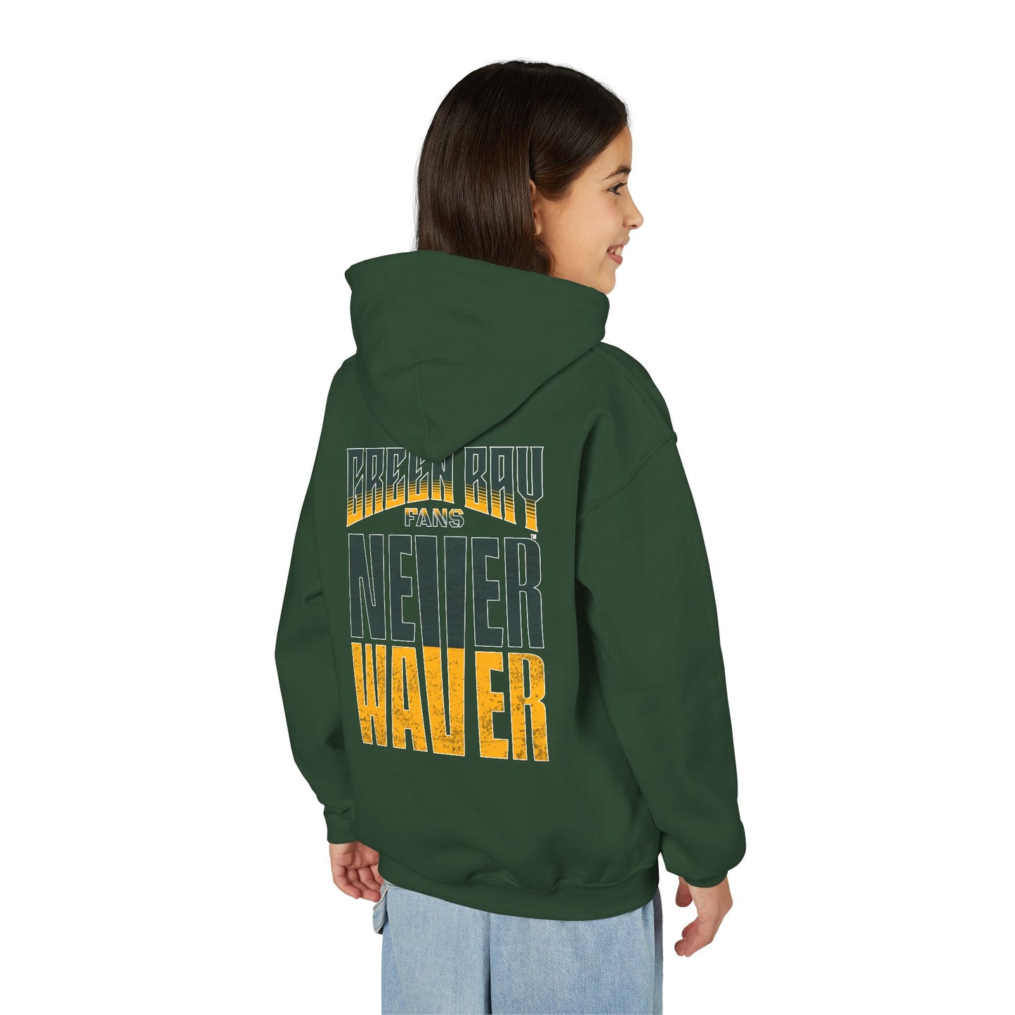 Green Bay Fans Never Waver Youth Heavy Blend Hooded Sweatshirt