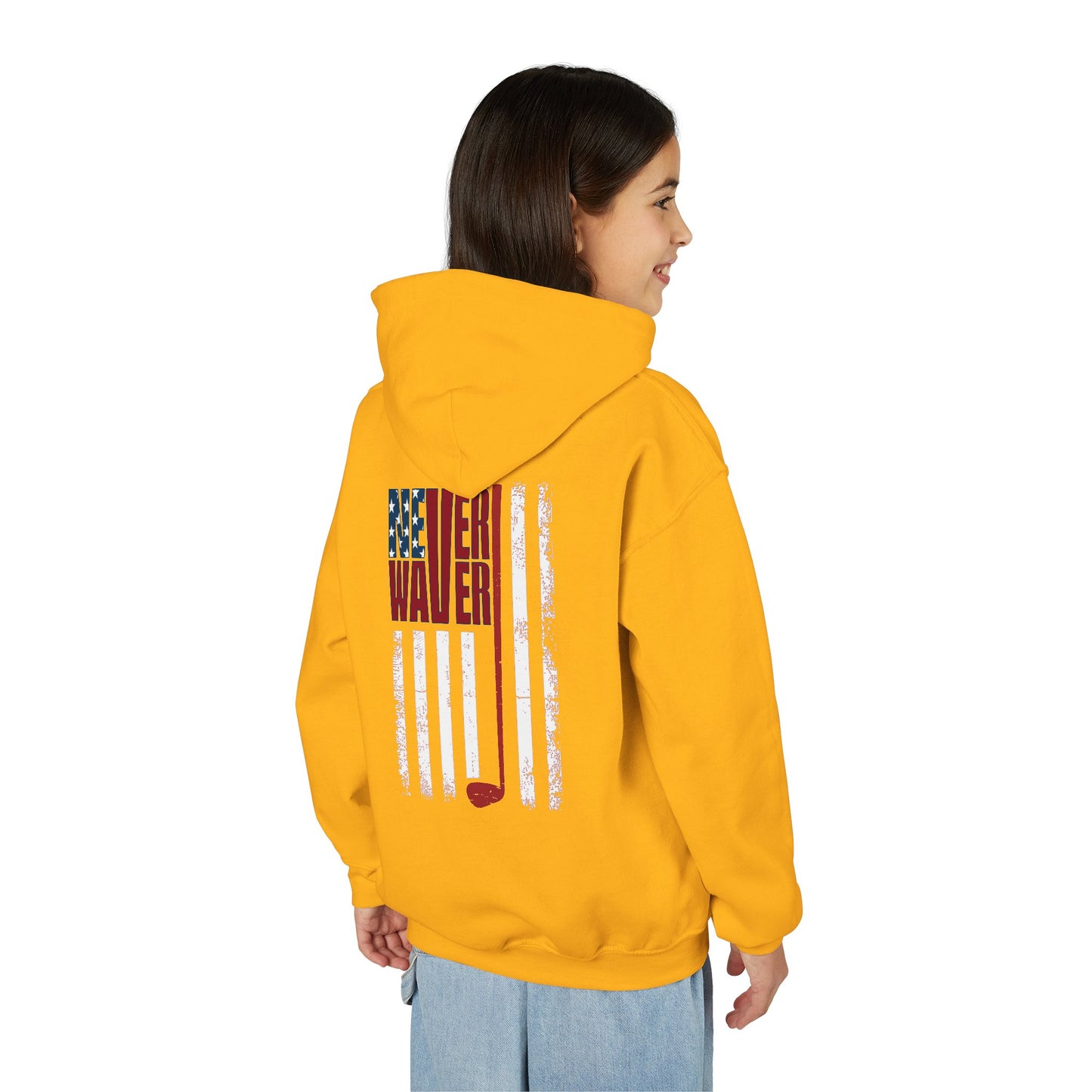 "Never Waver Golf American Flag" Hoodie for Young Golfers