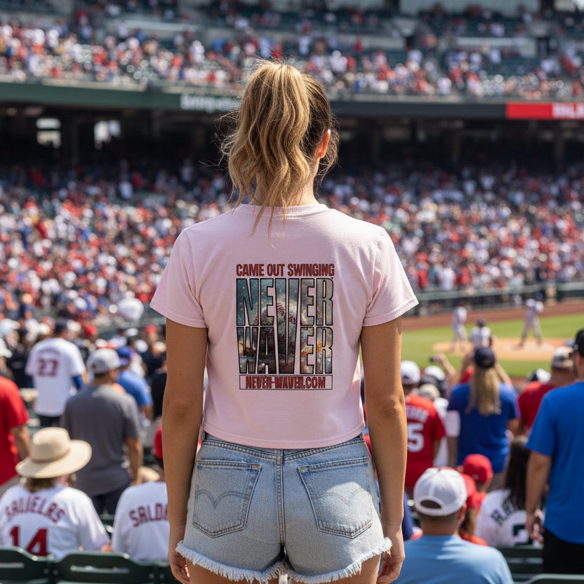Women's Crop Tee — "Never Waver" Baseball Graphic Tee (Came Out Swinging)
