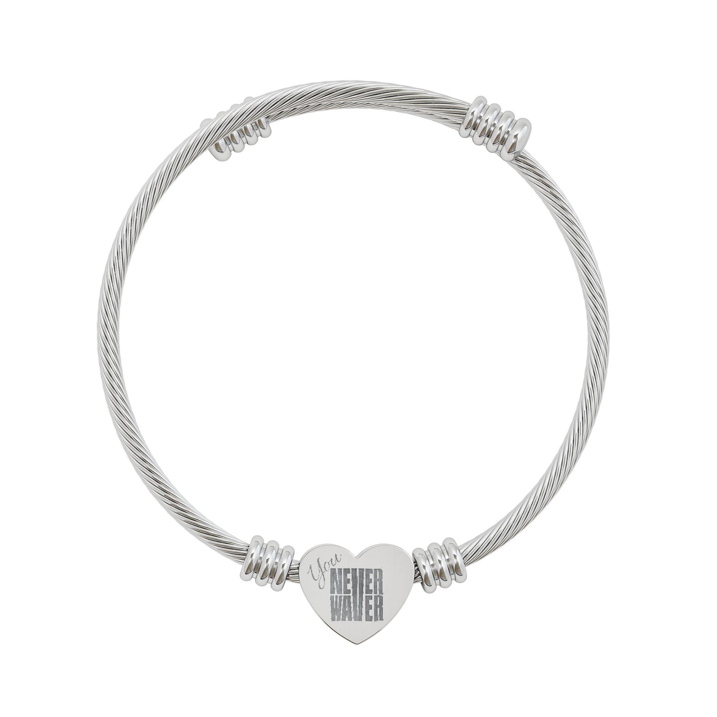 Engravable Heart Cuff Bracelet You Never Waver Love Charm Bangle (Silver or Gold)