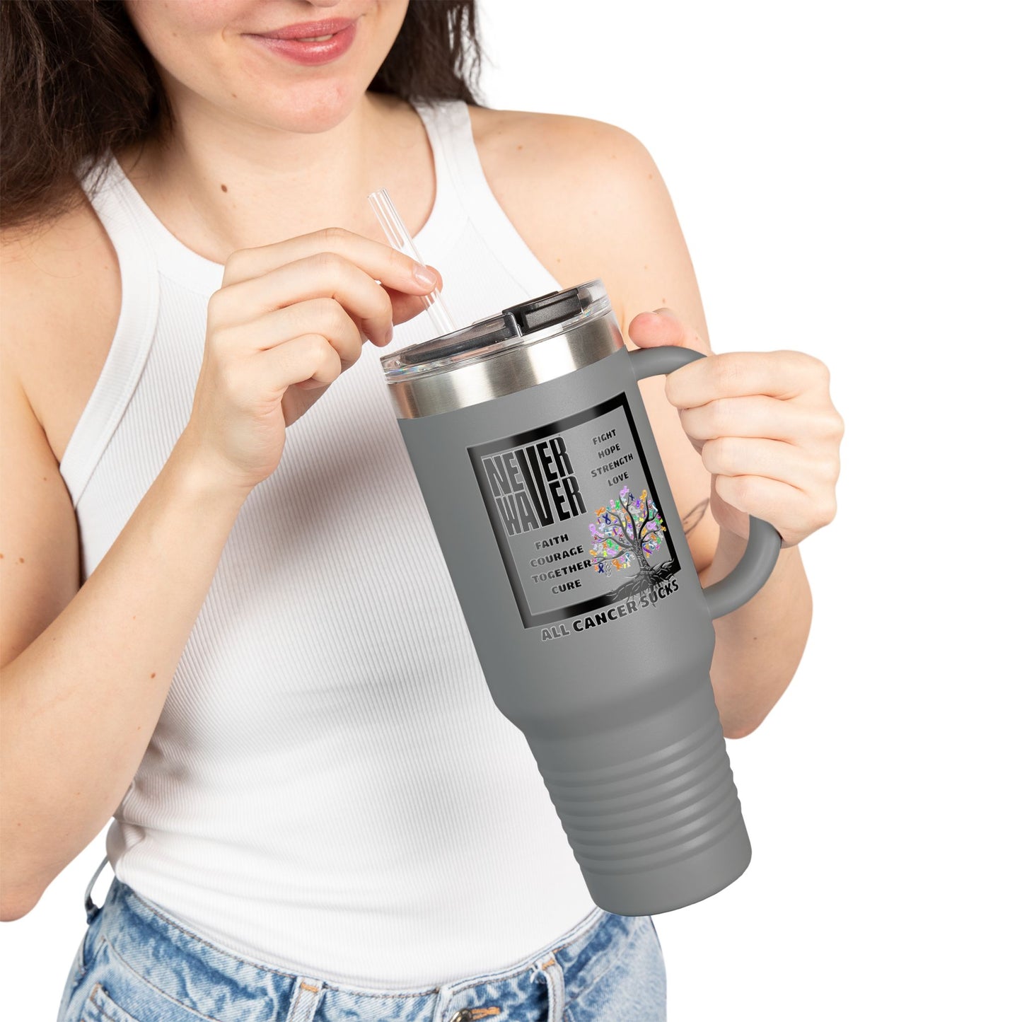 Never Waver Tree of Cancer Ribbons, Insulated Travel Mug -40oz