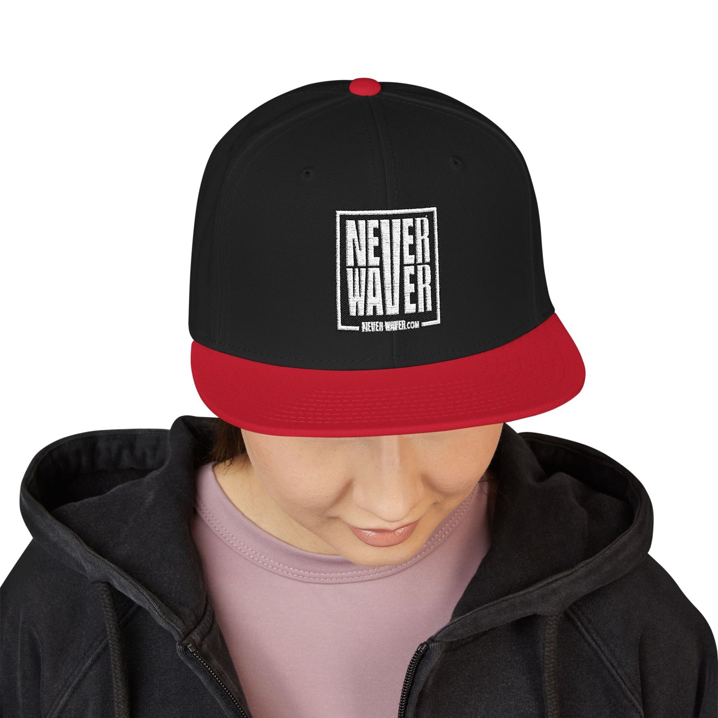 Never Waver Embroidered Square Script Snapback Hat — Bold Monochrome Streetwear