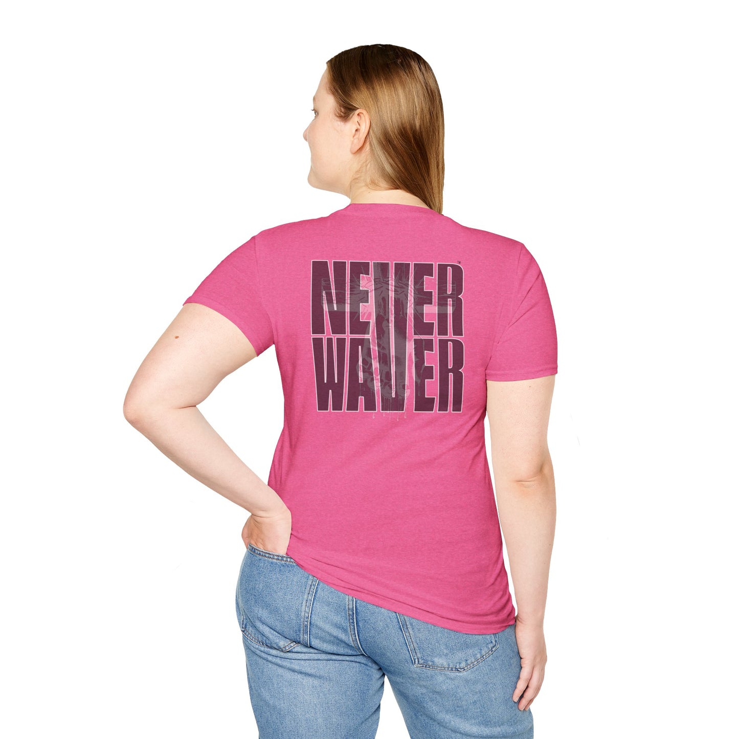 Never Waver” Jesus a bold, eye-catching design that reflects a steadfast faith and confidence in Christ. Unisex Soft style T-Shirt