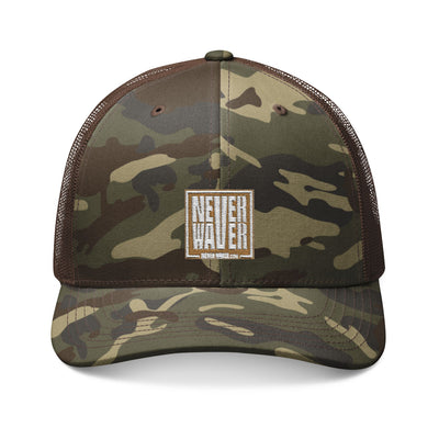 Never Waver Camo Trucker Hat — Embroidered Rustic Patch Cap