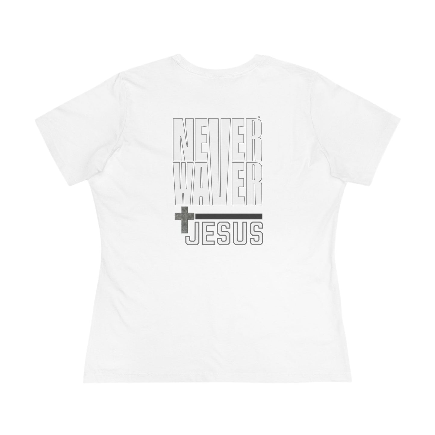 Never Waver” Jesus bold, eye-catching design that reflects a steadfast faith and confidence in Christ. Women's Cotton Tee
