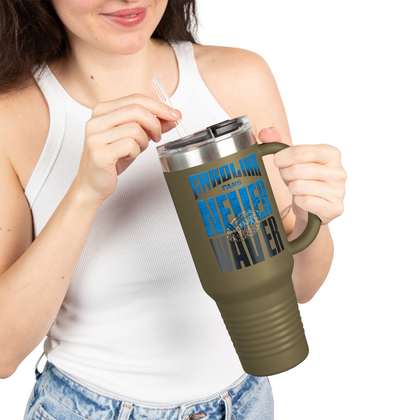 Carolina Fans Never Waver W- Leopard Football Insulated Travel Mug, 40oz