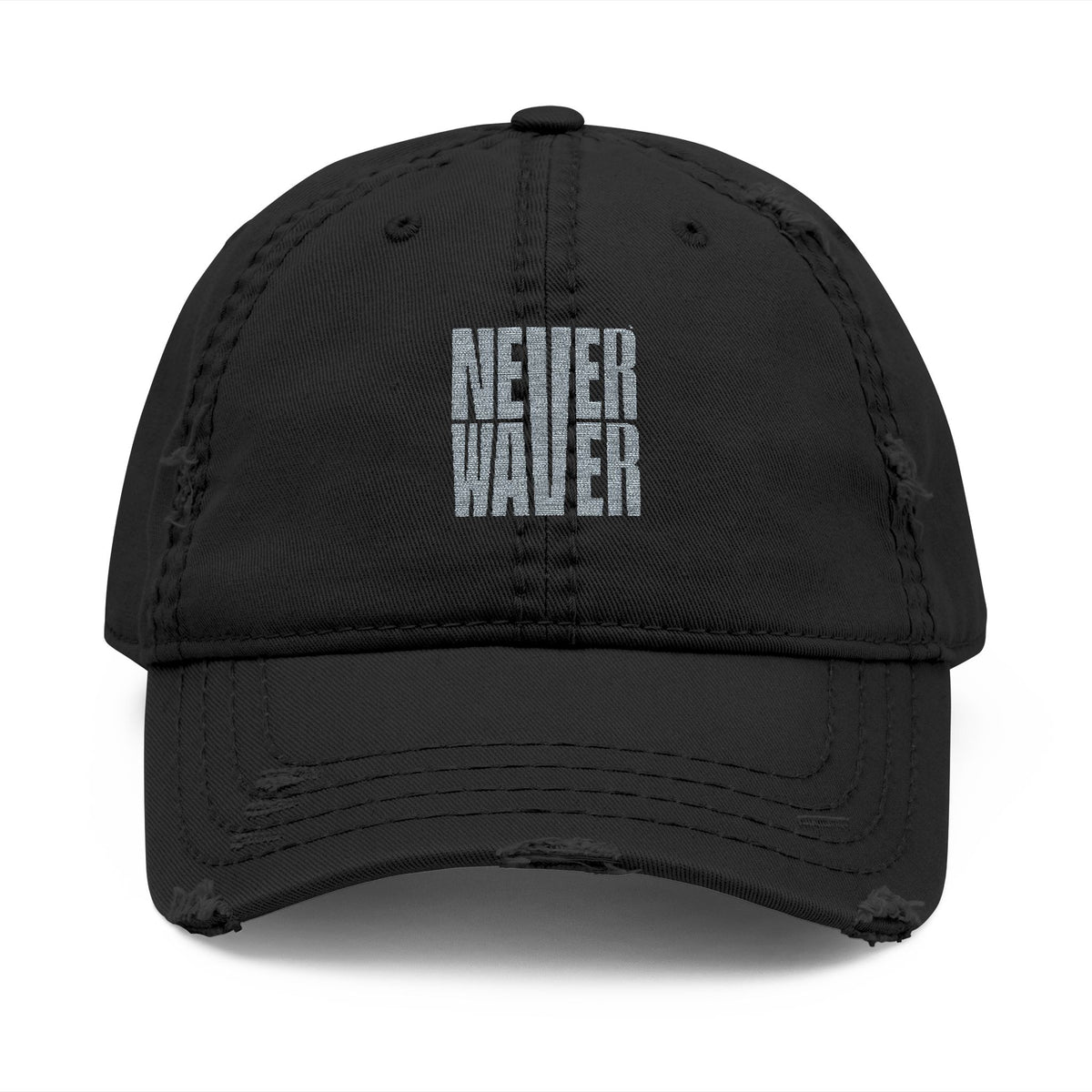 Distressed Dad Hat with 'Never Waver' Embroidery - Casual Style for Everyday Adventures by Printify