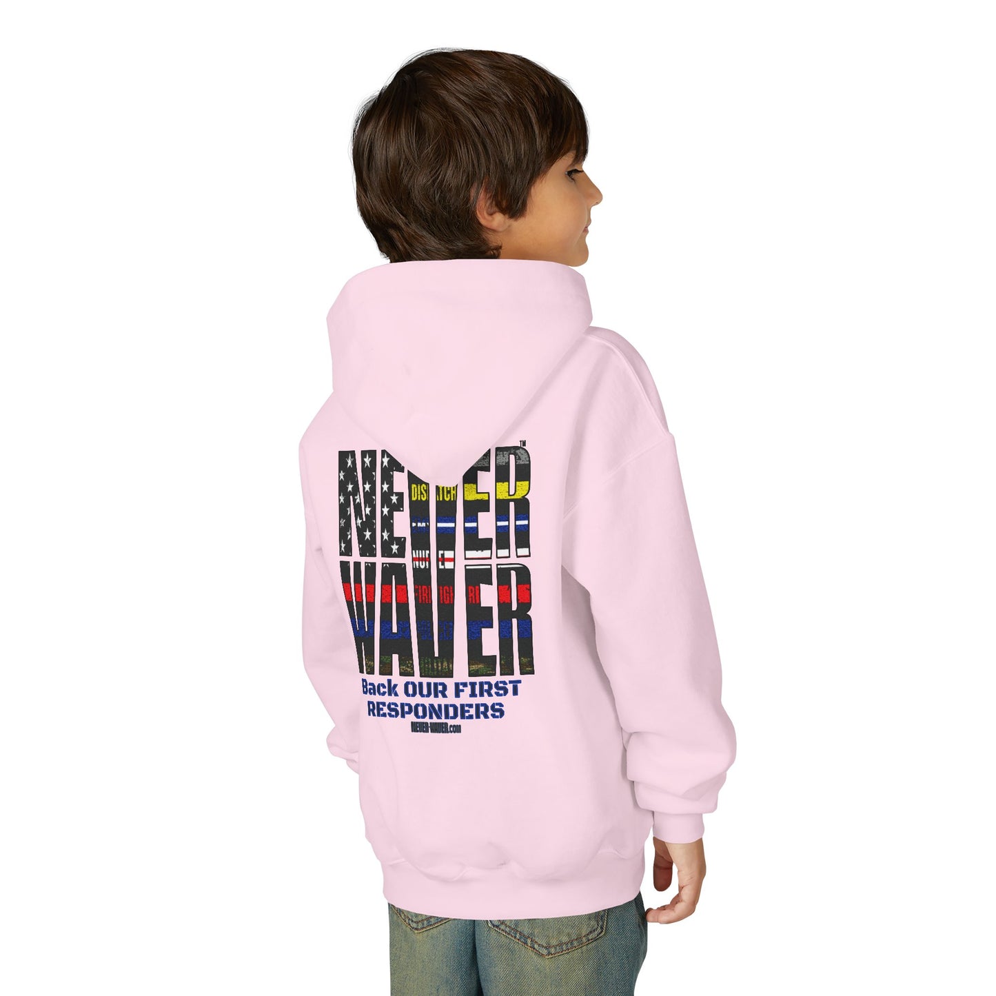 Never Waver Always Back Our First Responders Vintage-Inspired Youth Hoodie with American Flag Design