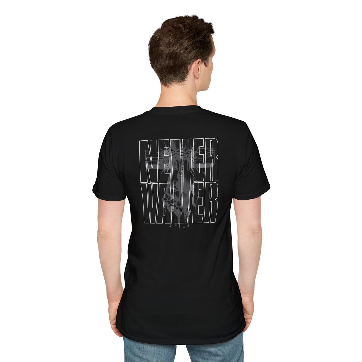 Never Waver” Jesus a bold, eye-catching design that reflects a steadfast faith and confidence in Christ. Unisex Soft style T-Shirt