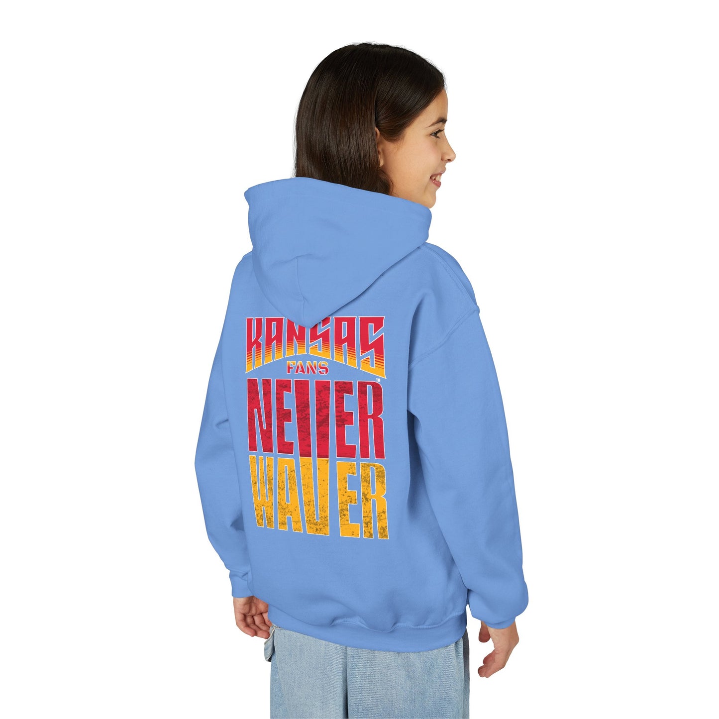 Kansas Fans Never Waver Youth Heavy Blend Hooded Sweatshirt