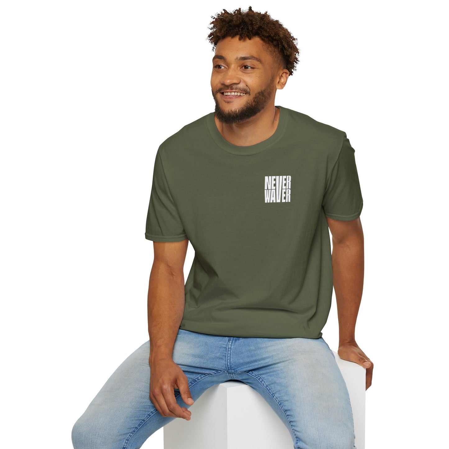Never Waver” Jesus a bold, eye-catching design that reflects a steadfast faith and confidence in Christ.  Unisex Soft style T-Shirt