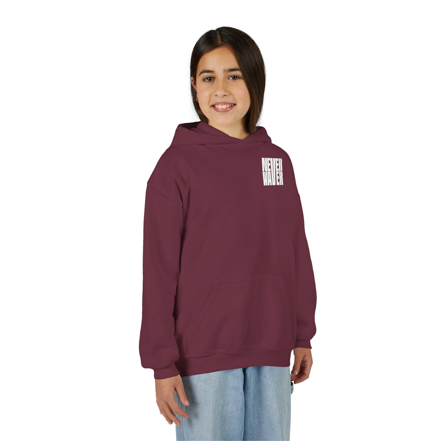 Youth Jesus Hoodie - "Never Waver” Jesus bold, eye-catching design that reflects a steadfast faith and confidence in Christ. " Sweatshirt for Young Jesus Lovers