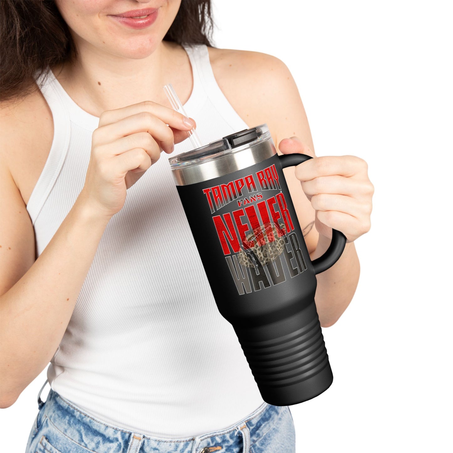 Tampa Bay Fans Never Waver with leopard football Insulated Travel Mug, 40oz