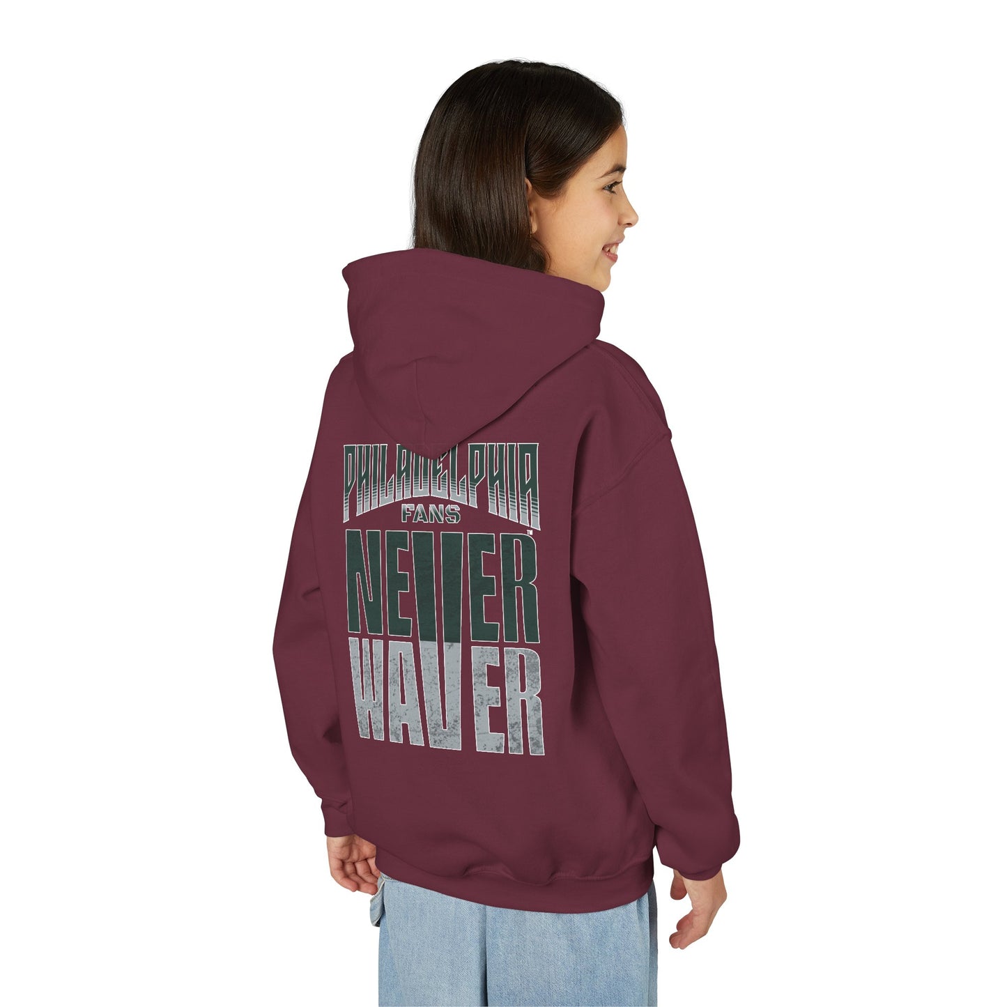 Philadelphia Fans Never Waver Youth Heavy Blend Hooded Sweatshirt
