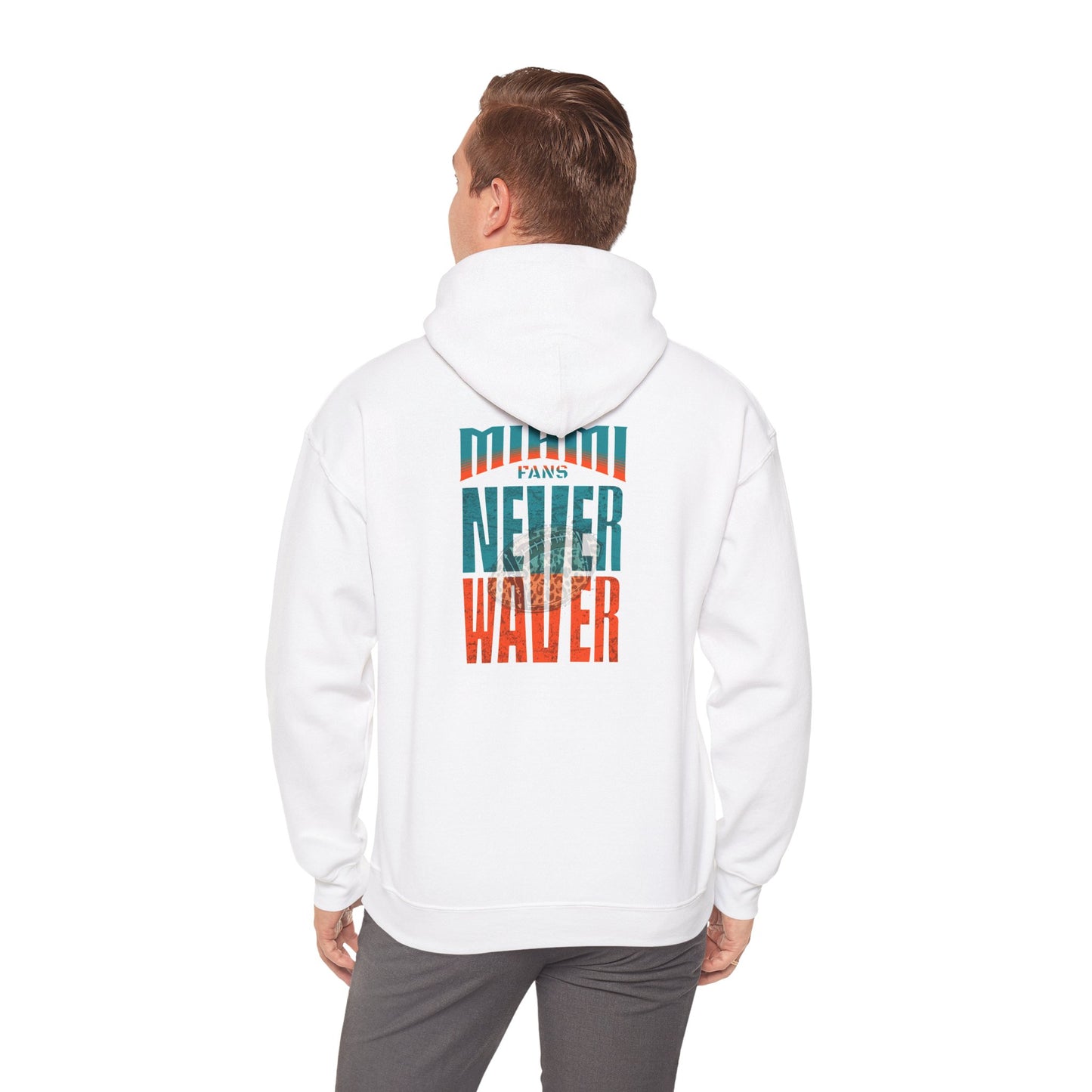 Miami Fans  NEVER WAVER w Leopard Football | Cozy Streetwear for Every Day Unisex Heavy Blend™ Hooded Sweatshirt -