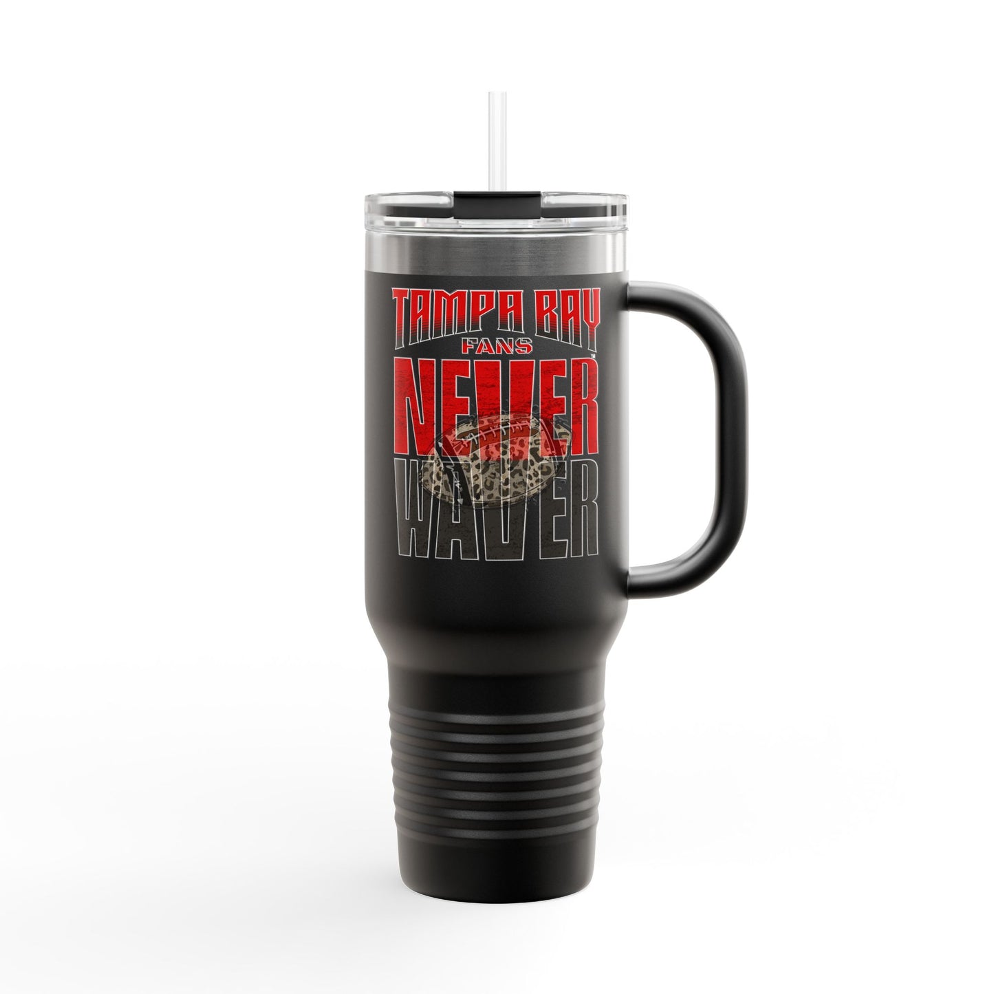 Tampa Bay Fans Never Waver with leopard football Insulated Travel Mug, 40oz