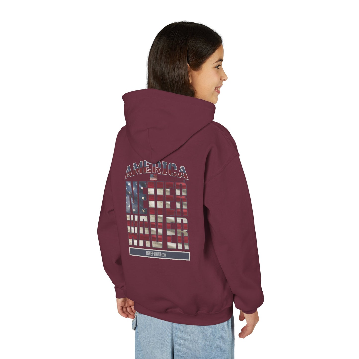 "America Never Waver " Motivational Sweatshirt Youth Heavy Blend Hoodie