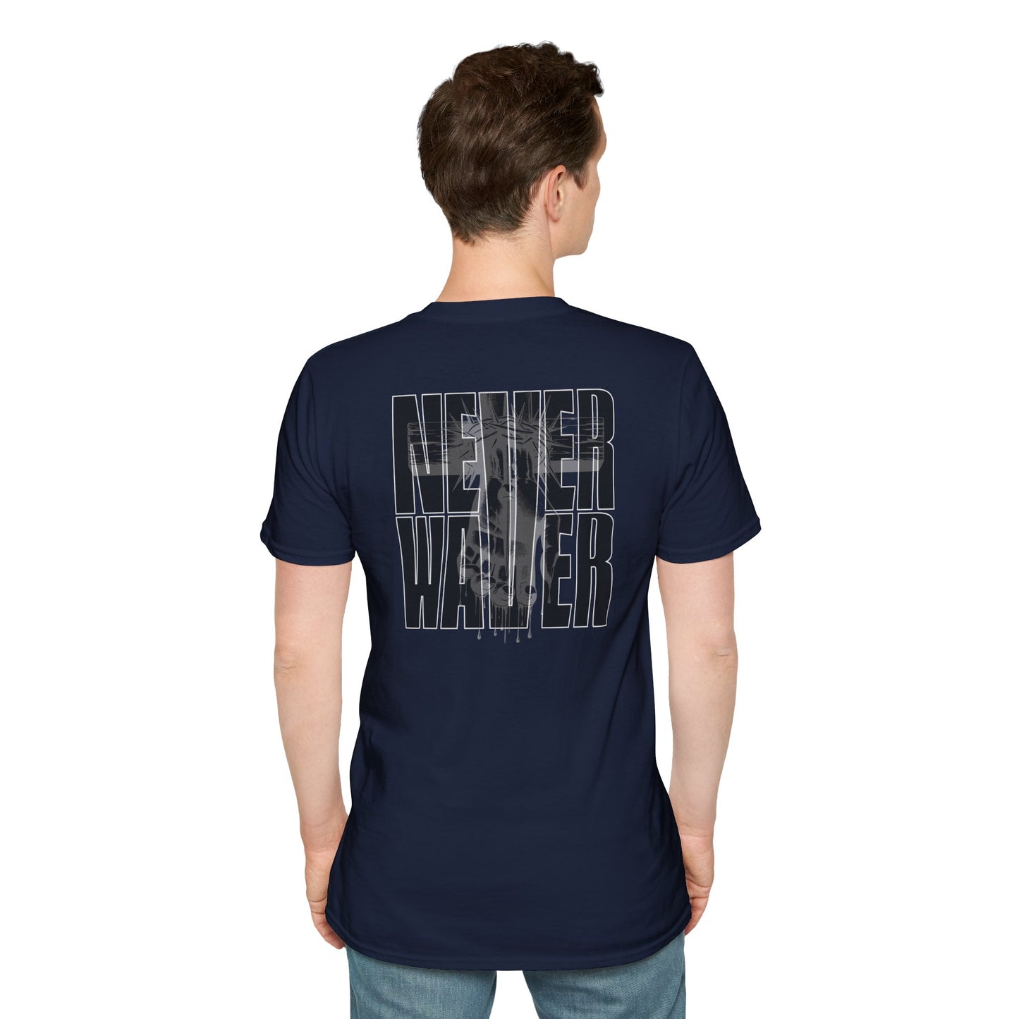 Never Waver” Jesus a bold, eye-catching design that reflects a steadfast faith and confidence in Christ. Unisex Soft style T-Shirt