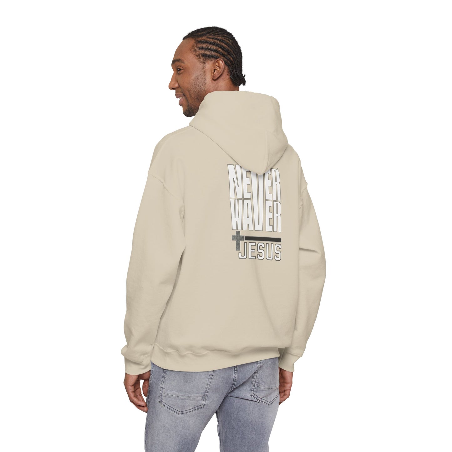Never Waver” Jesus a bold, eye-catching design that reflects a steadfast faith and confidence in Christ. Hoodie - Unisex Heavy Blend™ Sweatshirt