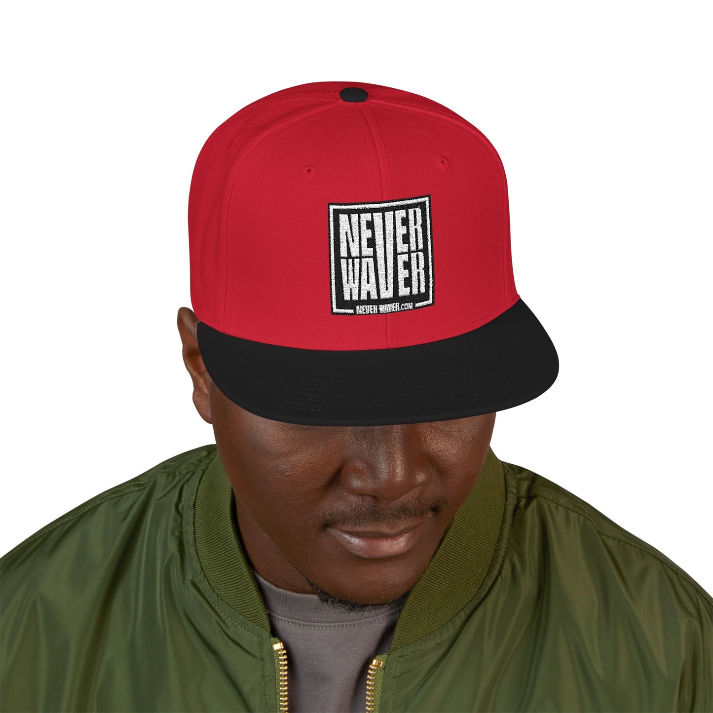 Never Waver Embroidered Square Script Snapback Hat — Bold Monochrome Streetwear