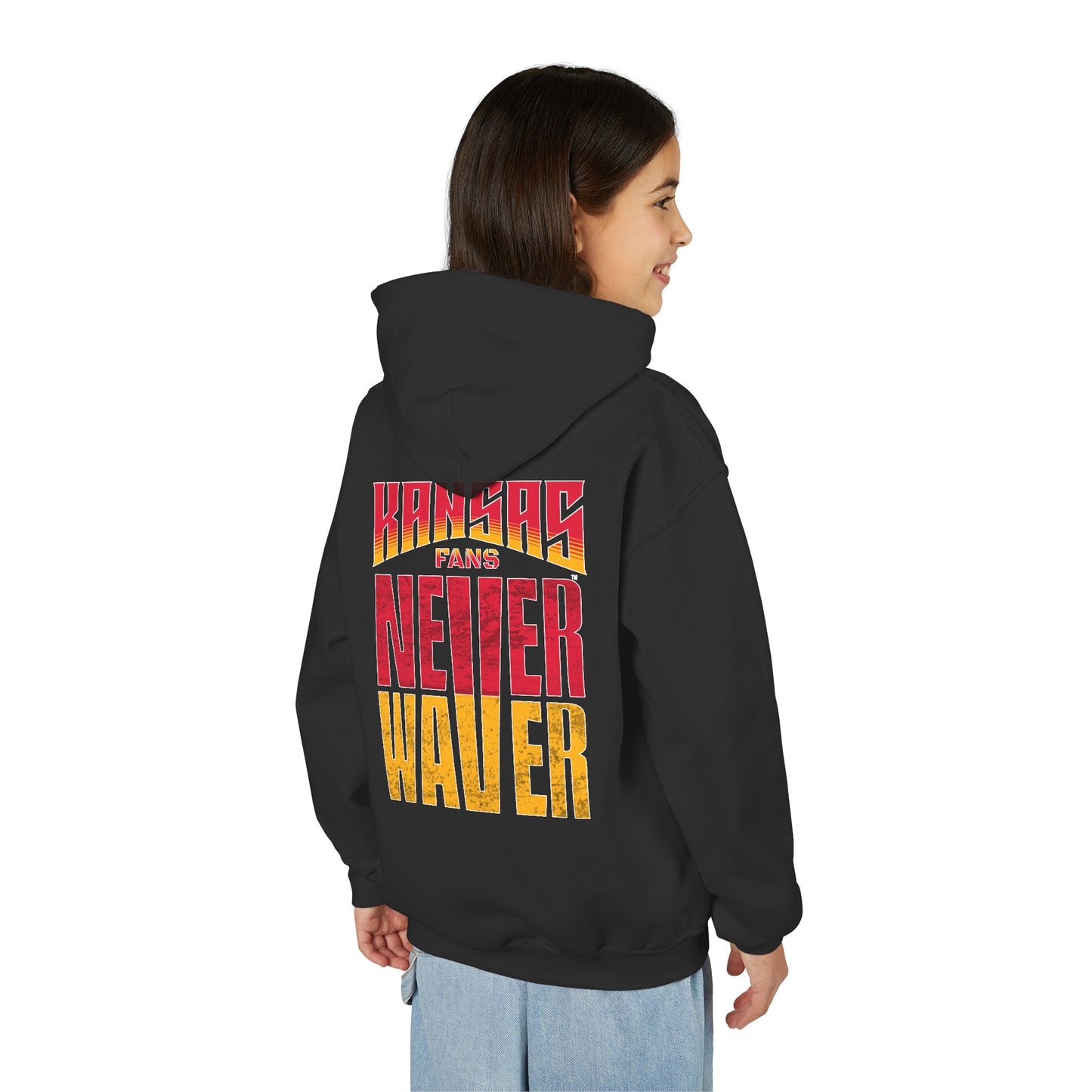 Kansas Fans Never Waver Youth Heavy Blend Hooded Sweatshirt