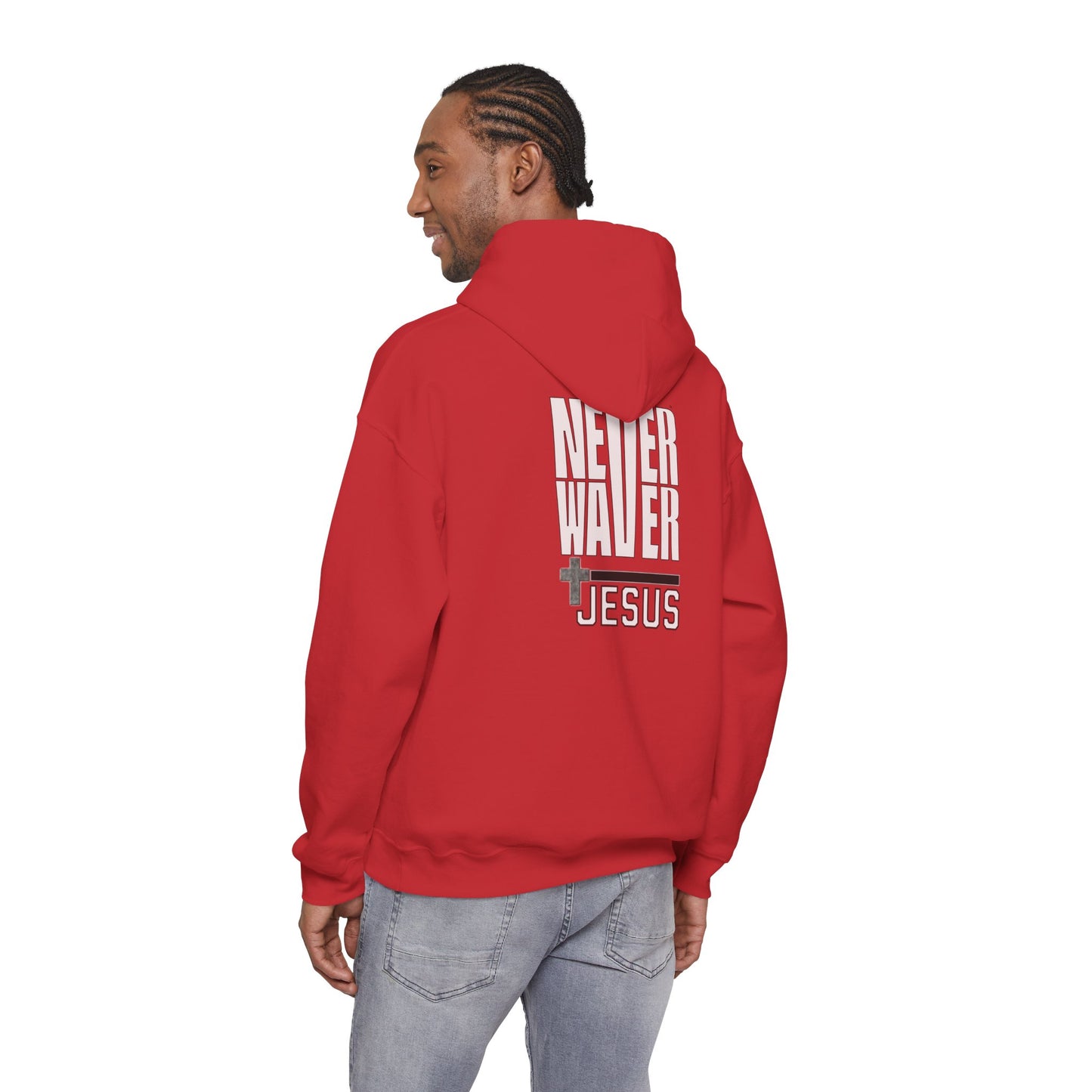 Never Waver” Jesus a bold, eye-catching design that reflects a steadfast faith and confidence in Christ. Hoodie - Unisex Heavy Blend™ Sweatshirt