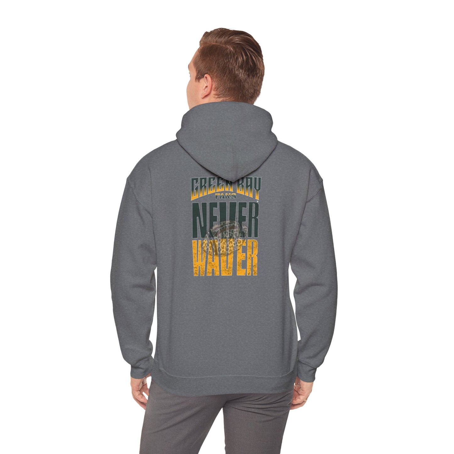 Green Bay Fans Never Waver Hoodie w Leopard Football - Unisex Heavy Blend Sweatshirt