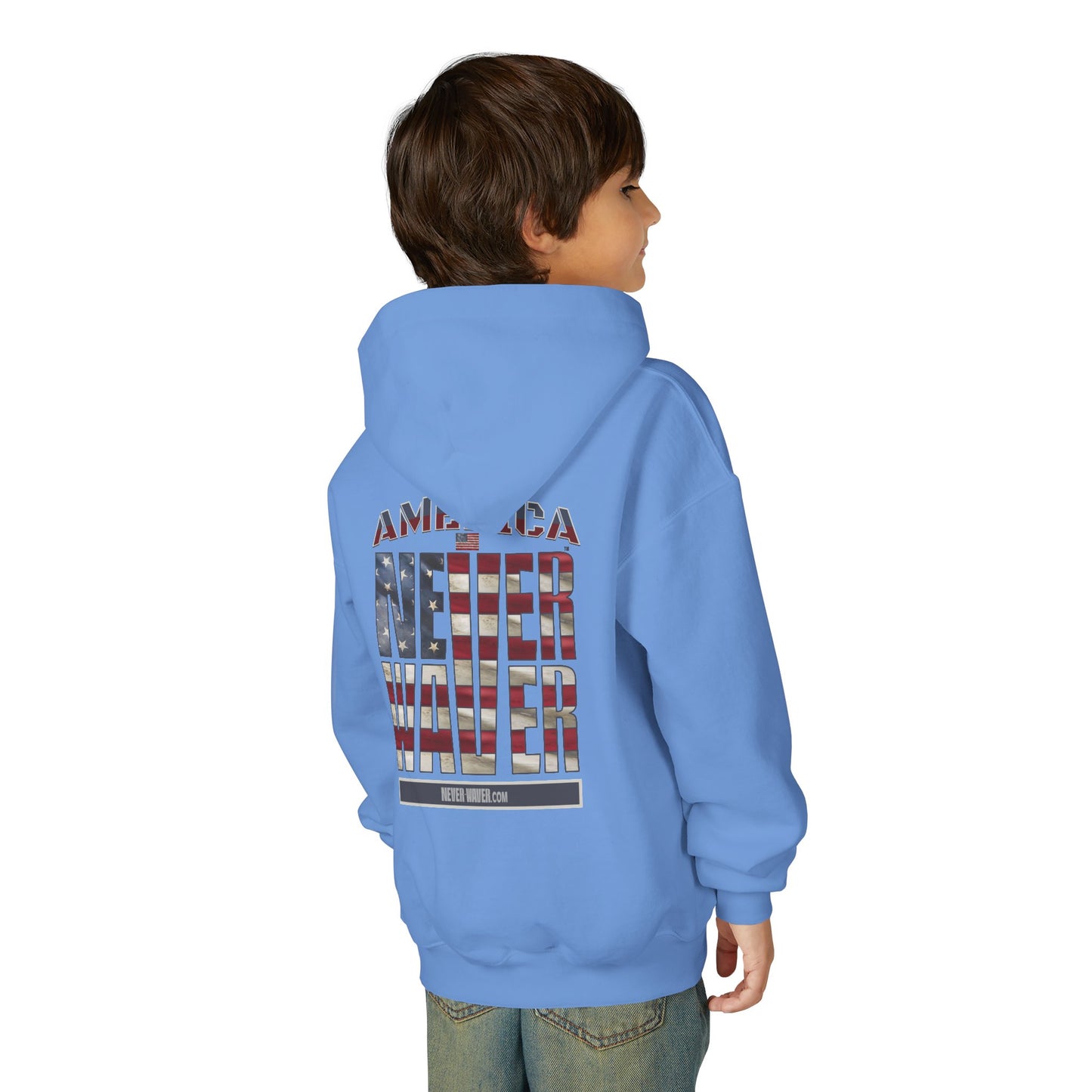 "America Never Waver " Motivational Sweatshirt Youth Heavy Blend Hoodie