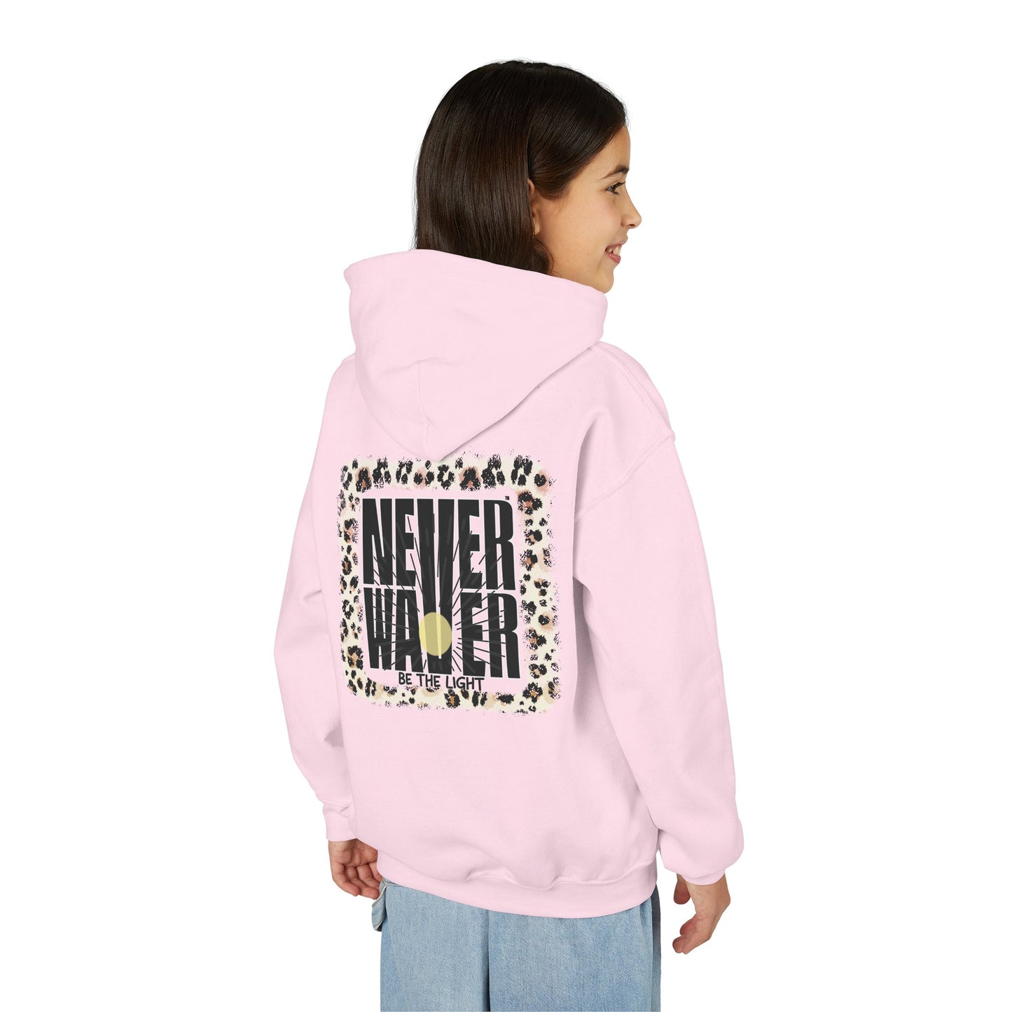"NEVER WAVER Be The Light Design" Motivational Sweatshirt Youth Heavy Blend Hoodie