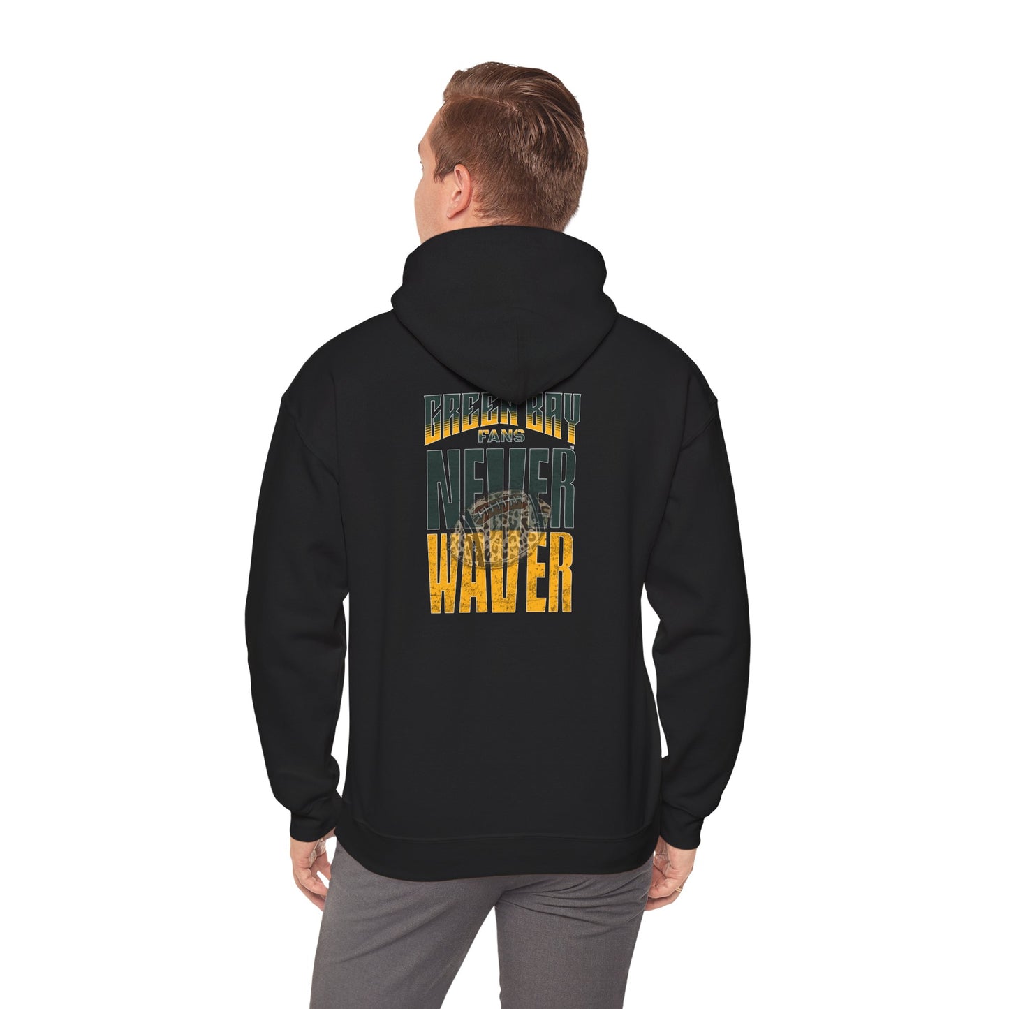 Green Bay Fans Never Waver Hoodie w Leopard Football - Unisex Heavy Blend Sweatshirt