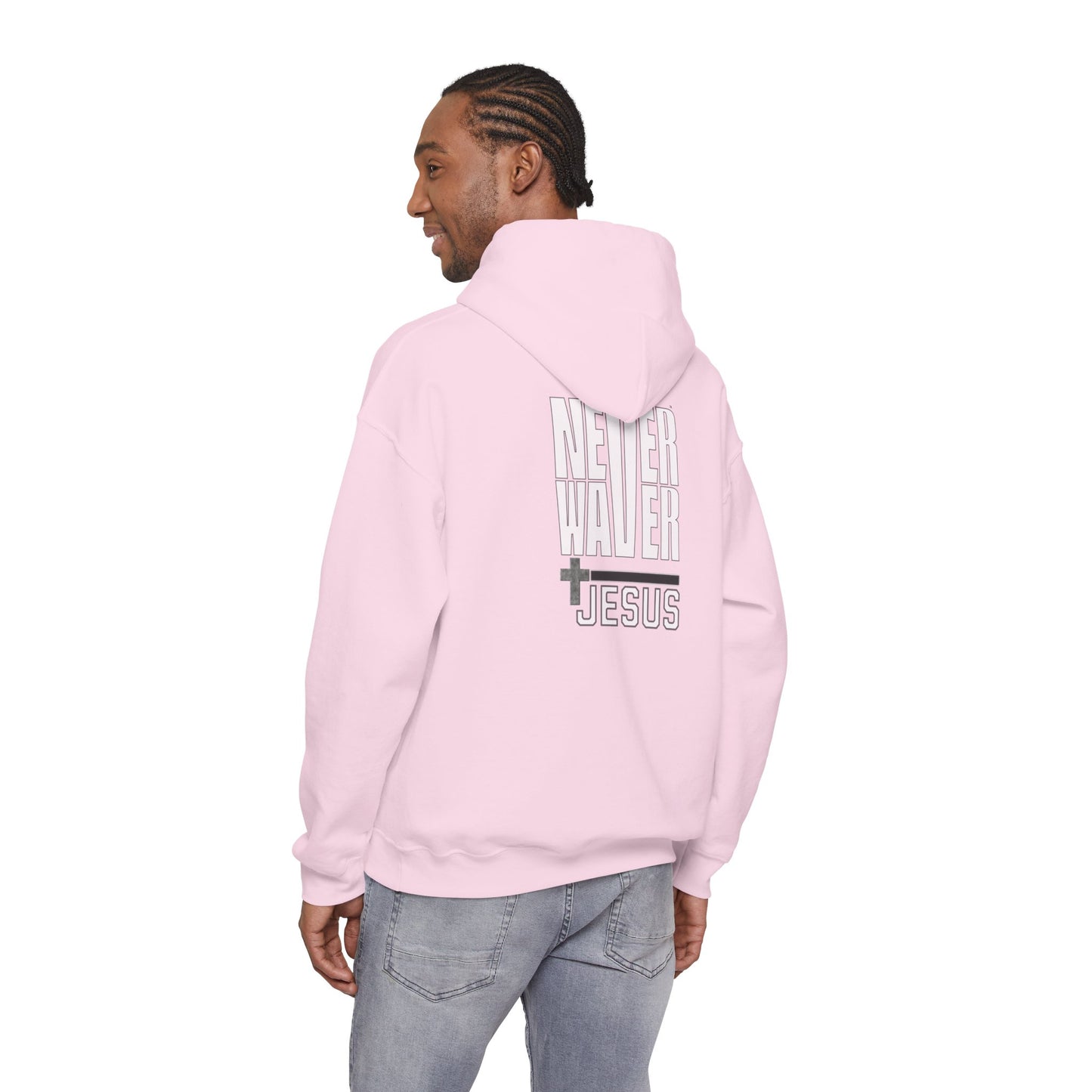 Never Waver” Jesus a bold, eye-catching design that reflects a steadfast faith and confidence in Christ. Hoodie - Unisex Heavy Blend™ Sweatshirt